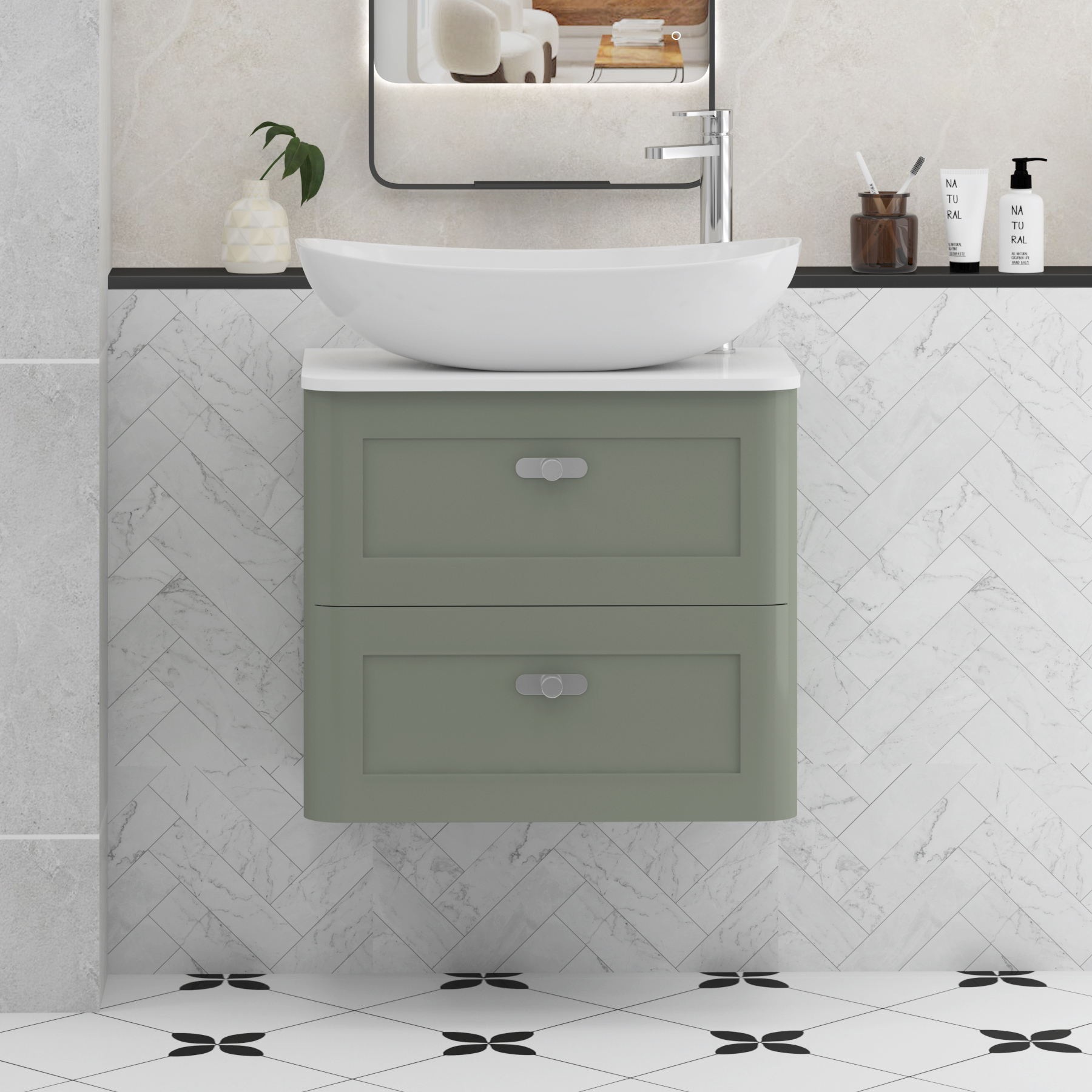 Henley Sage Green Wall Hung Vanity Unit 2 Drawer with Plain White Worktop & Various Basins & Knobs