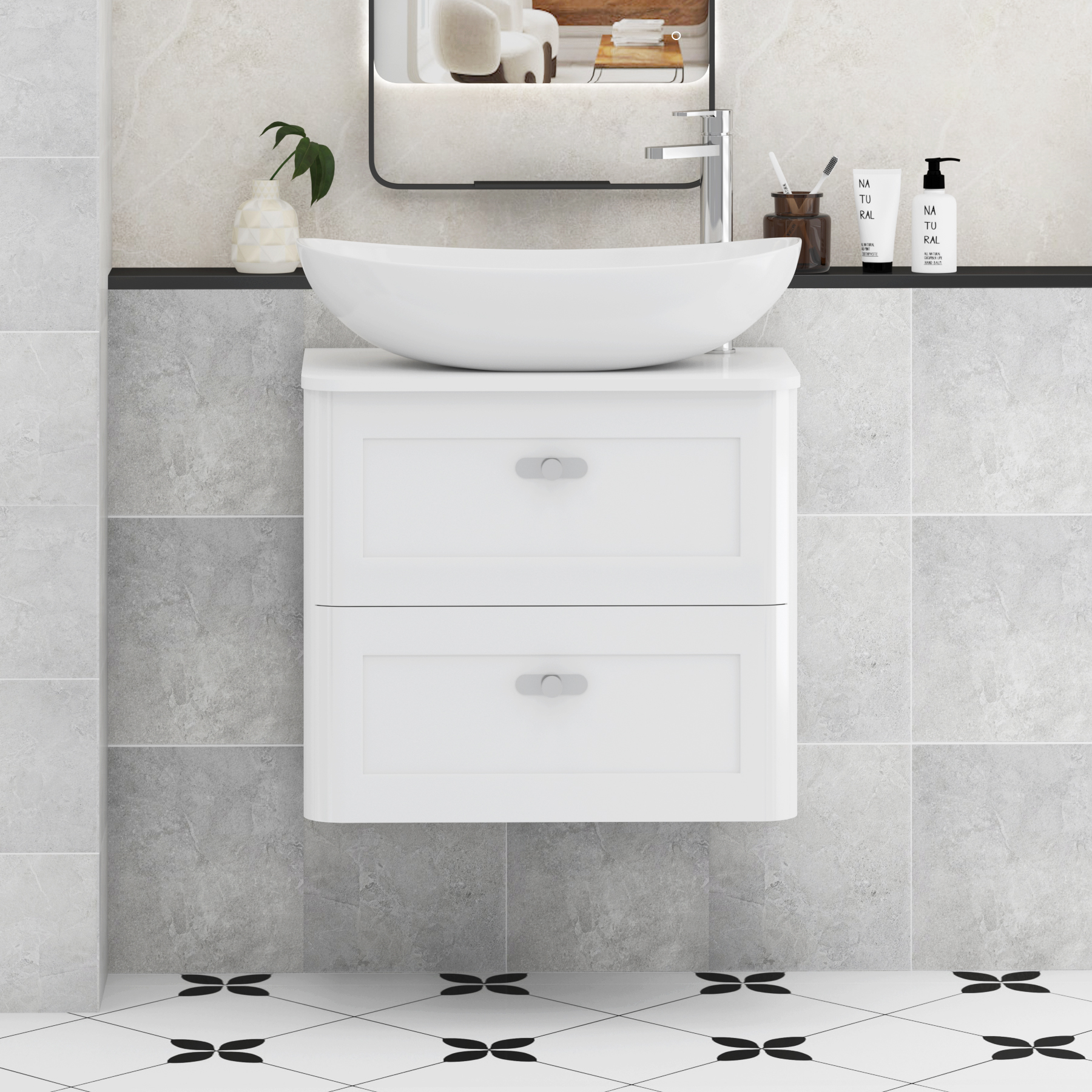 Henley Gloss White Wall Hung Vanity Unit 2 Drawer with Plain White Worktop & Various Basins & Knobs