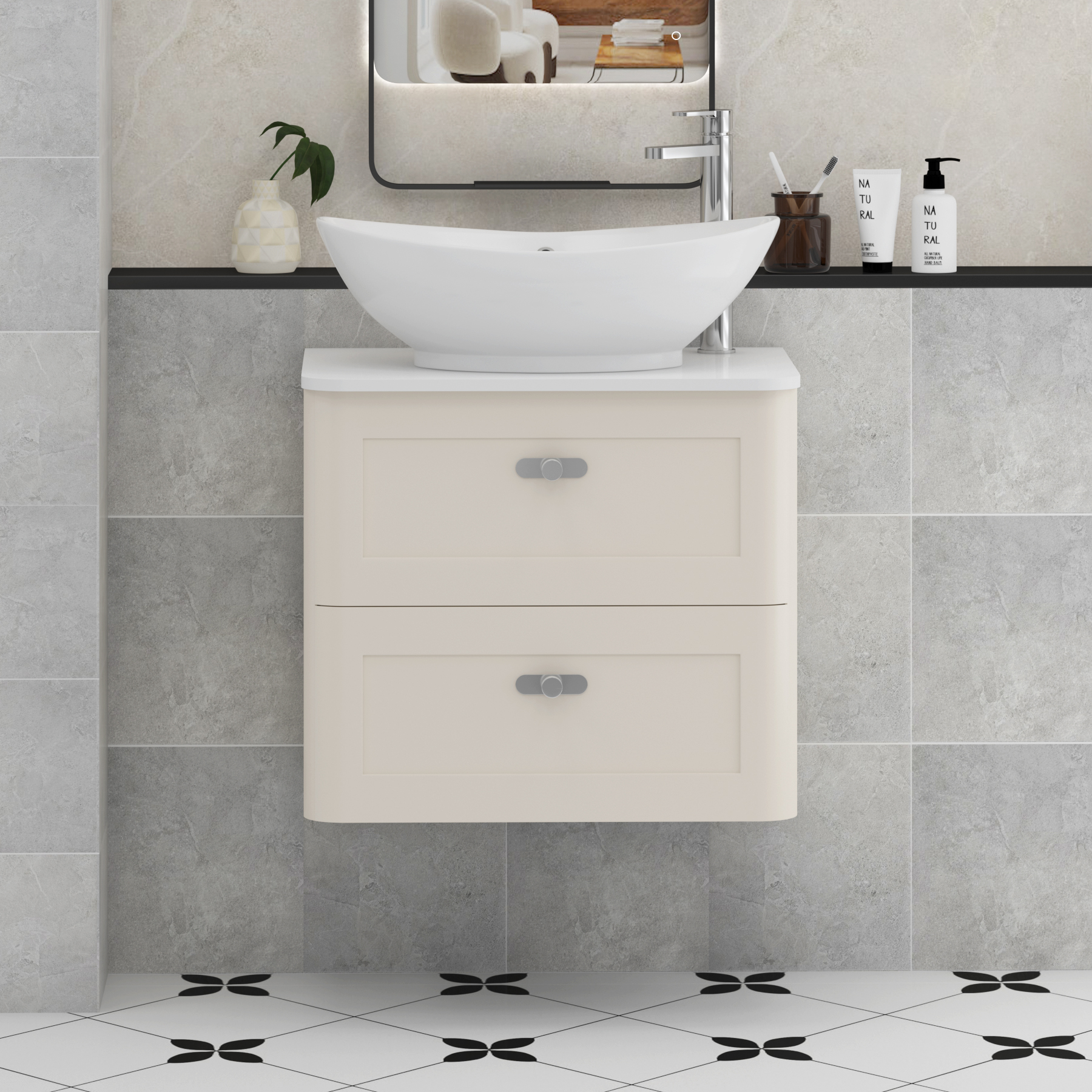 Henley Mushroom Cashmere Wall Hung Vanity Unit 2 Drawer with Plain White Worktop & Various Basins & Knobs