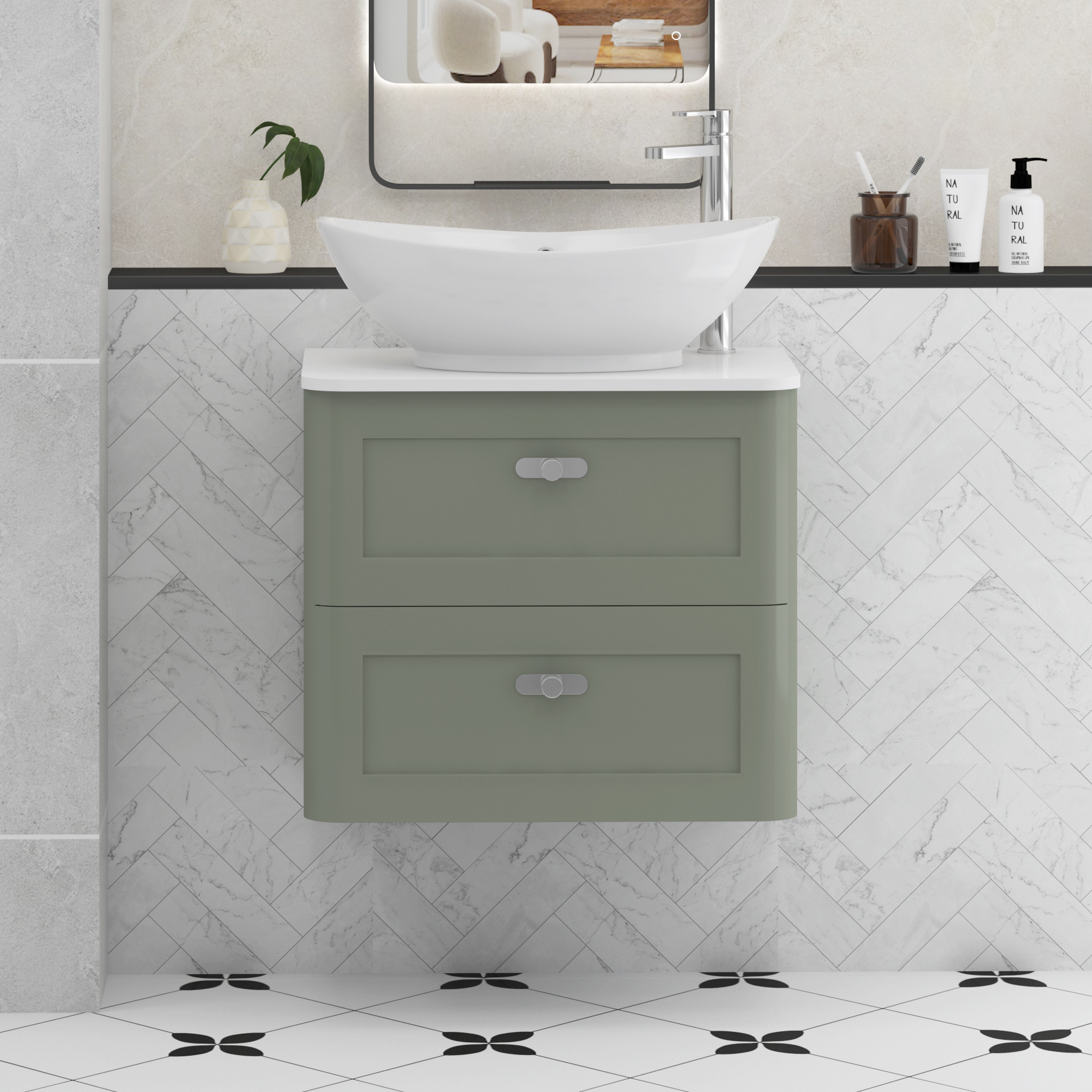 Henley Sage Green Wall Hung Vanity Unit 2 Drawer with Plain White Worktop & Various Basins & Knobs