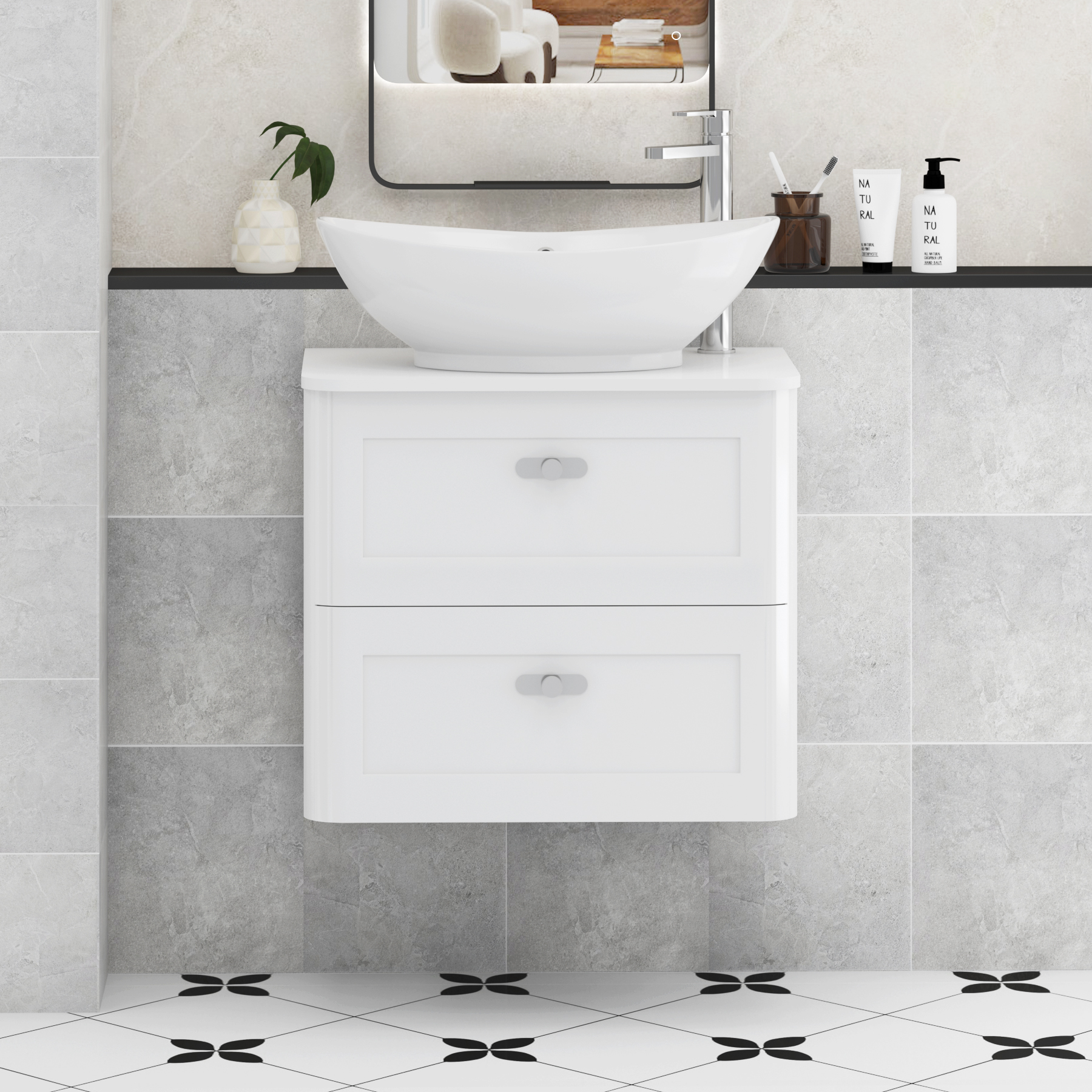 Henley Gloss White Wall Hung Vanity Unit 2 Drawer with Plain White Worktop & Various Basins & Knobs