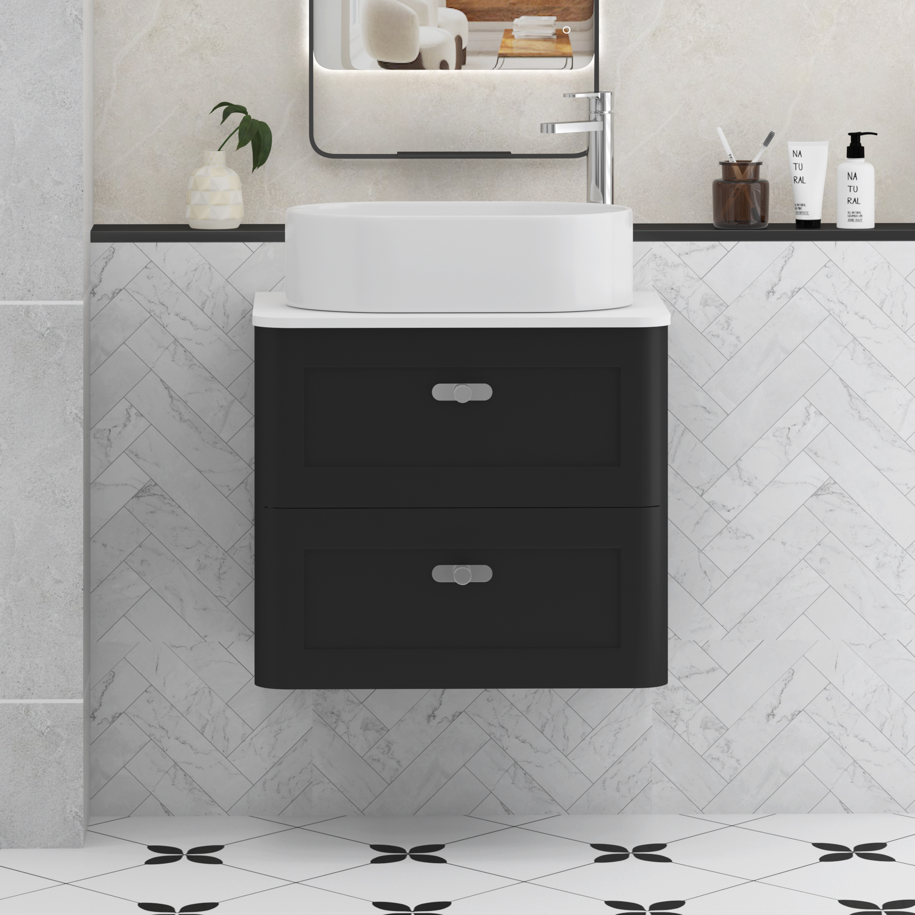 Henley Matt Nocturne Black Wall Hung Vanity Unit 2 Drawer with Plain White Worktop & Various Basins & Knobs