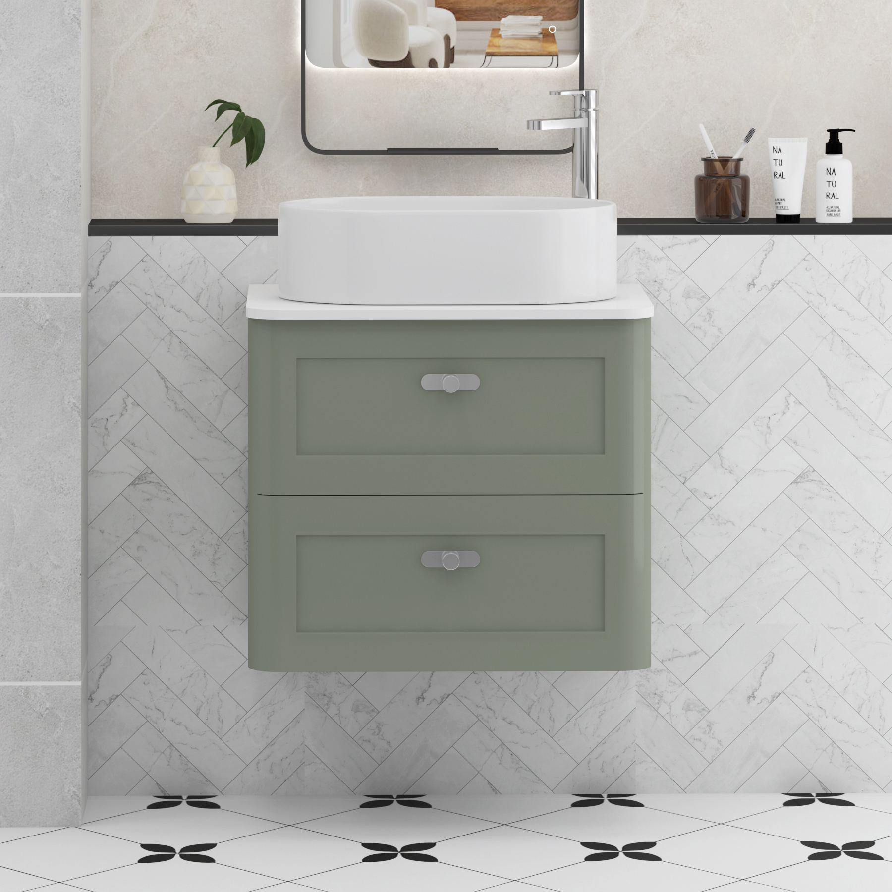 Henley Sage Green Wall Hung Vanity Unit 2 Drawer with Plain White Worktop & Various Basins & Knobs
