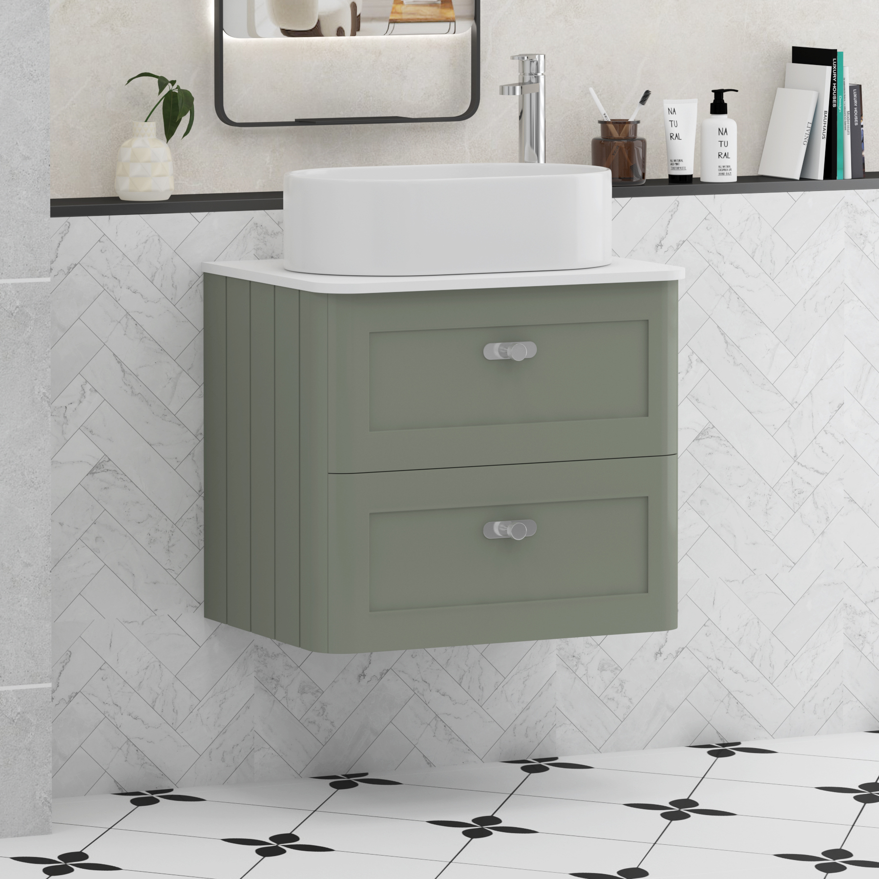 Henley Sage Green Wall Hung Vanity Unit 2 Drawer with Plain White Worktop & Various Basins & Knobs