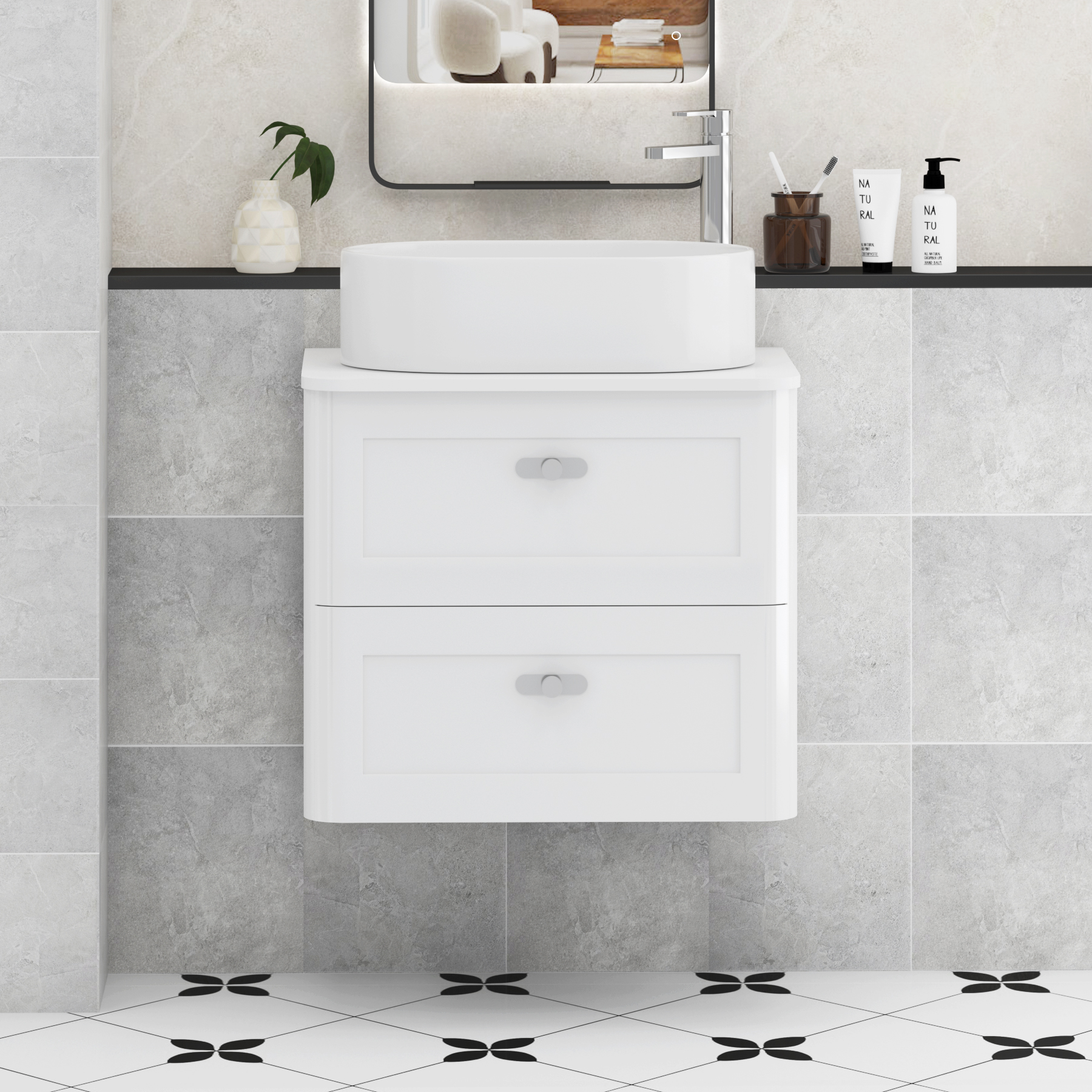 Henley Gloss White Wall Hung Vanity Unit 2 Drawer with Plain White Worktop & Various Basins & Knobs