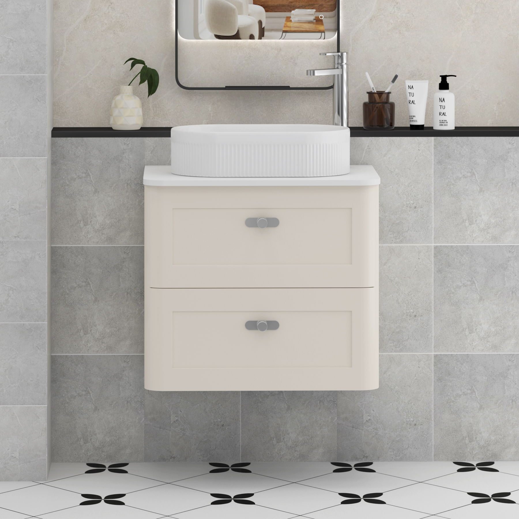 Henley Mushroom Cashmere Wall Hung Vanity Unit 2 Drawer with Plain White Worktop & Various Basins & Knobs