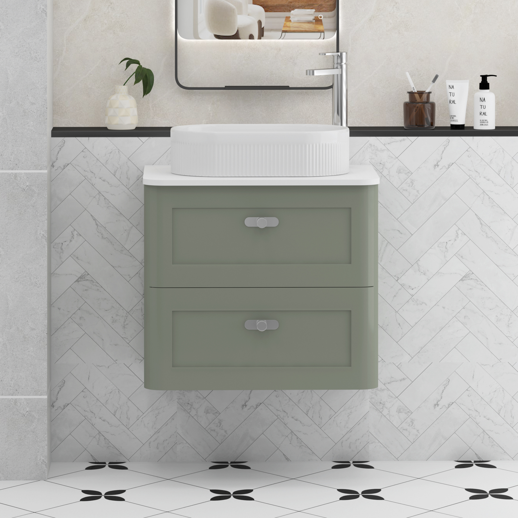 Henley Sage Green Wall Hung Vanity Unit 2 Drawer with Plain White Worktop & Various Basins & Knobs