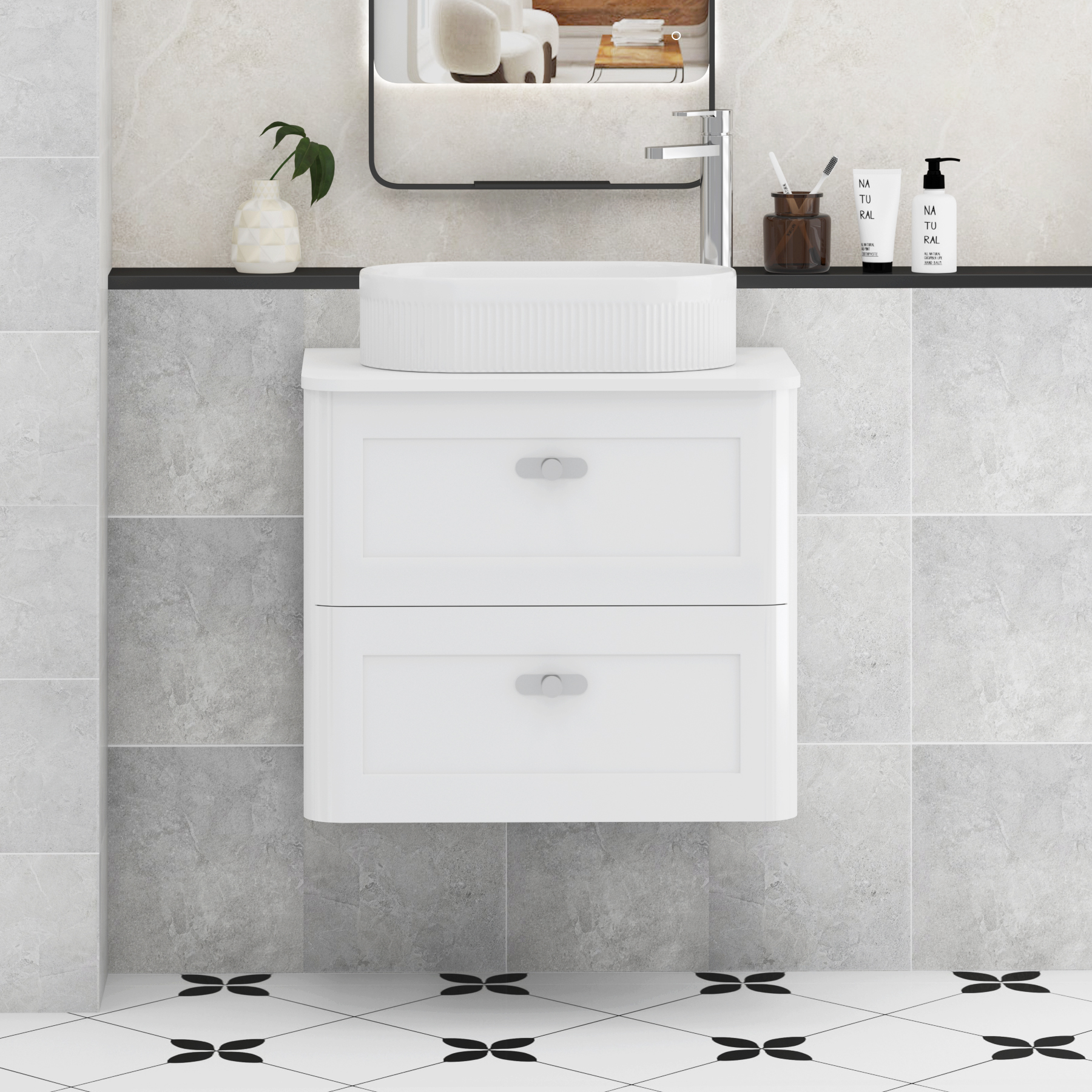 Henley Gloss White Wall Hung Vanity Unit 2 Drawer with Plain White Worktop & Various Basins & Knobs