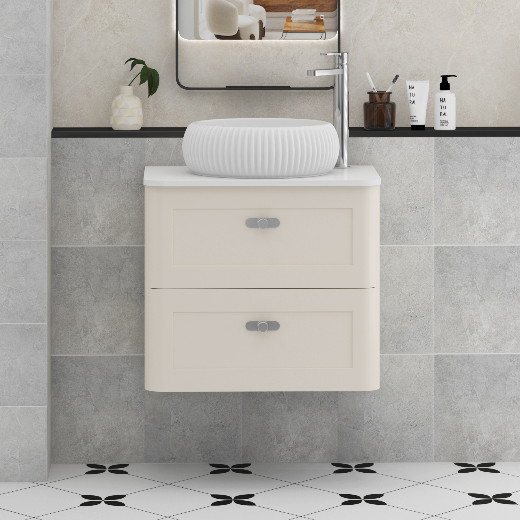 Henley Mushroom Cashmere Wall Hung Vanity Unit 2 Drawer with Plain White Worktop & Various Basins & Knobs