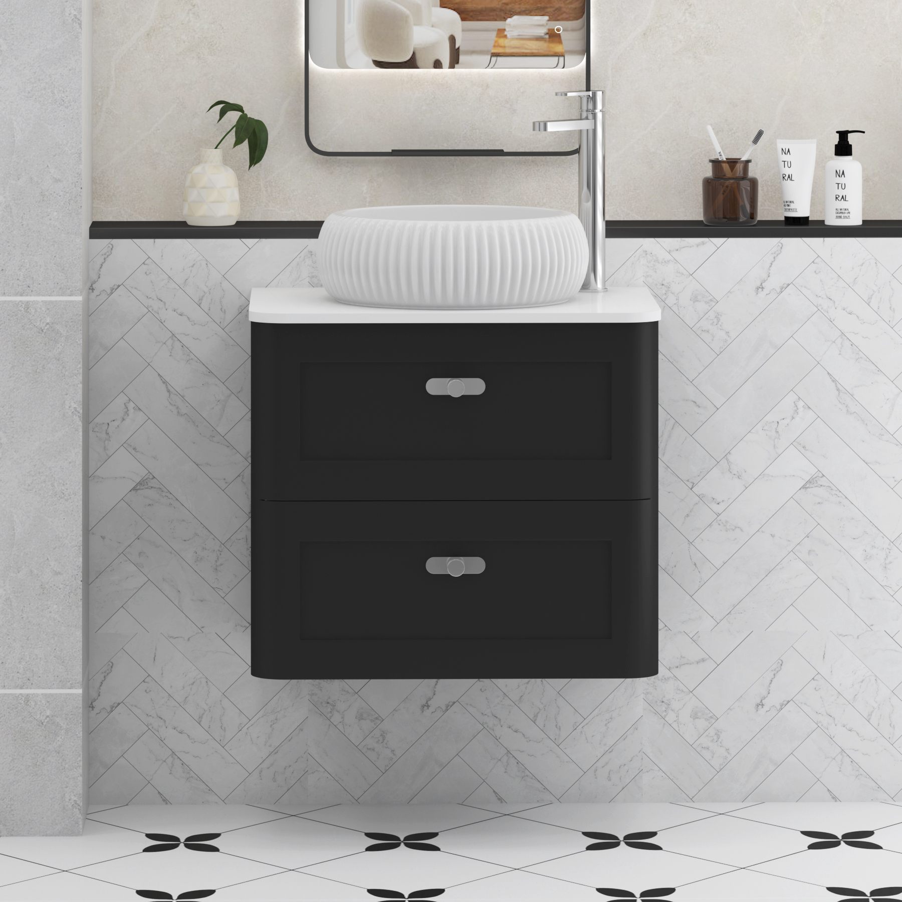 Henley Matt Nocturne Black Wall Hung Vanity Unit 2 Drawer with Plain White Worktop & Various Basins & Knobs