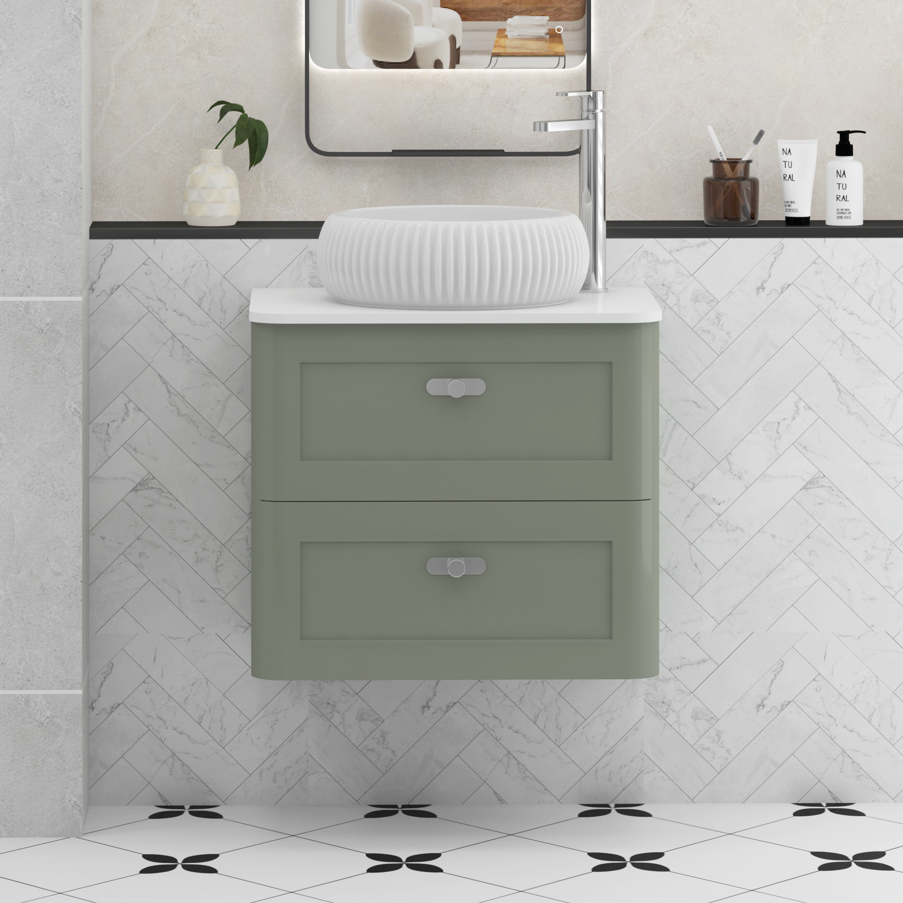 Henley Sage Green Wall Hung Vanity Unit 2 Drawer with Plain White Worktop & Various Basins & Knobs
