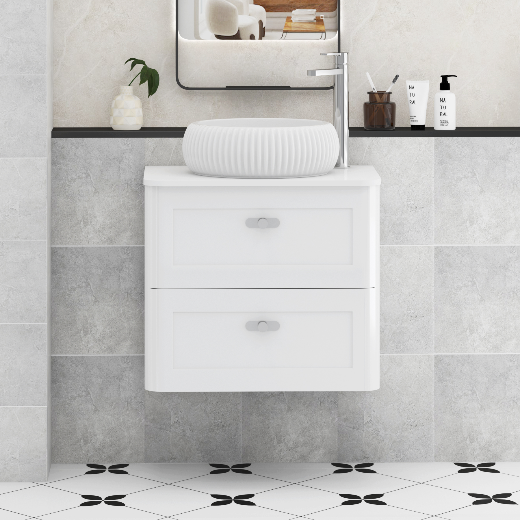 Henley Gloss White Wall Hung Vanity Unit 2 Drawer with Plain White Worktop & Various Basins & Knobs