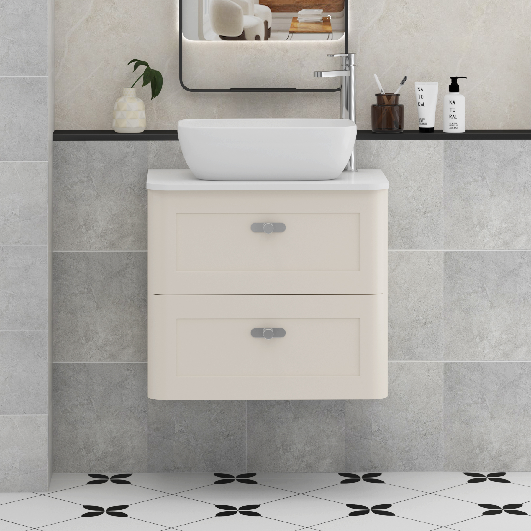 Henley Mushroom Cashmere Wall Hung Vanity Unit 2 Drawer with Plain White Worktop & Various Basins & Knobs