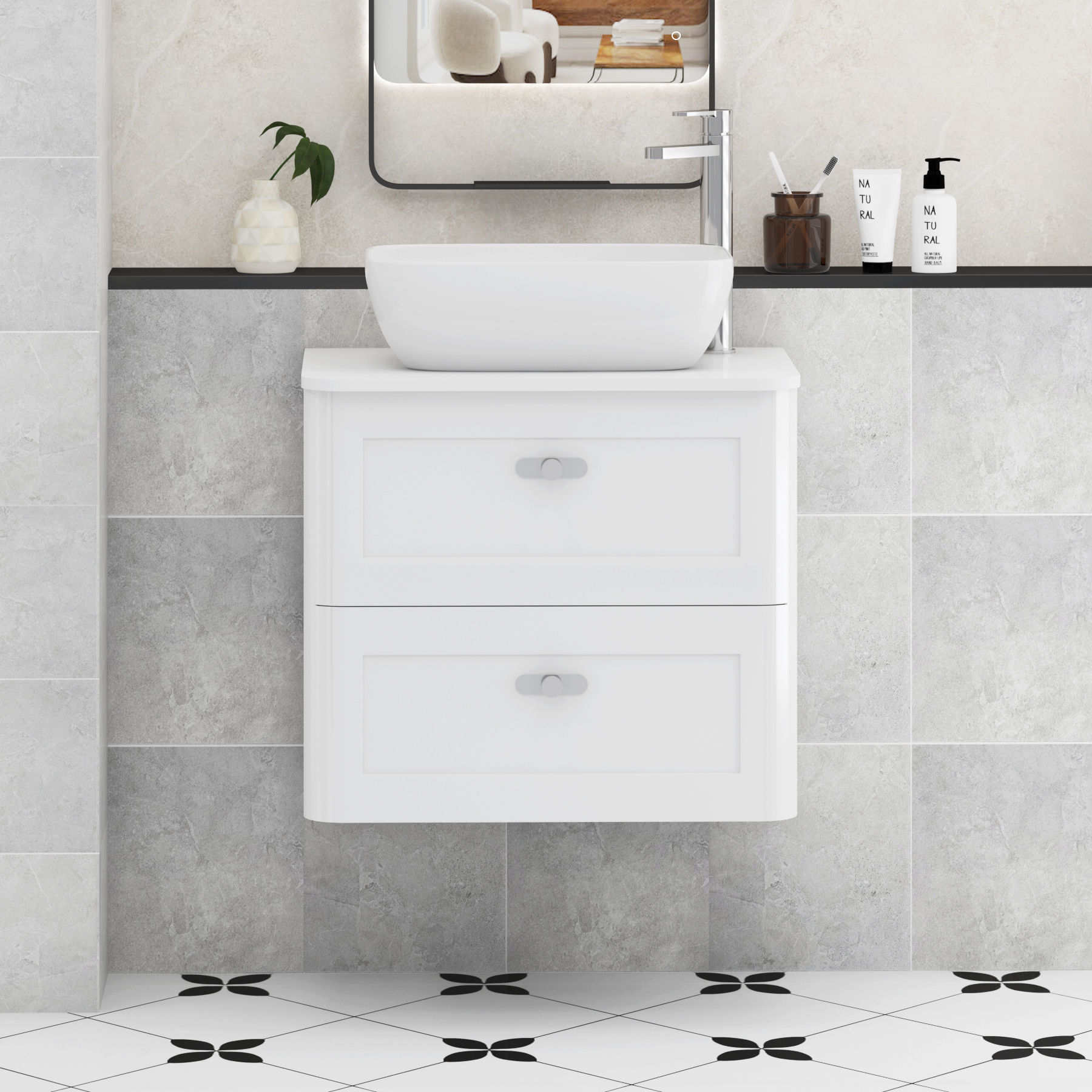 Henley Gloss White Wall Hung Vanity Unit 2 Drawer with Plain White Worktop & Various Basins & Knobs
