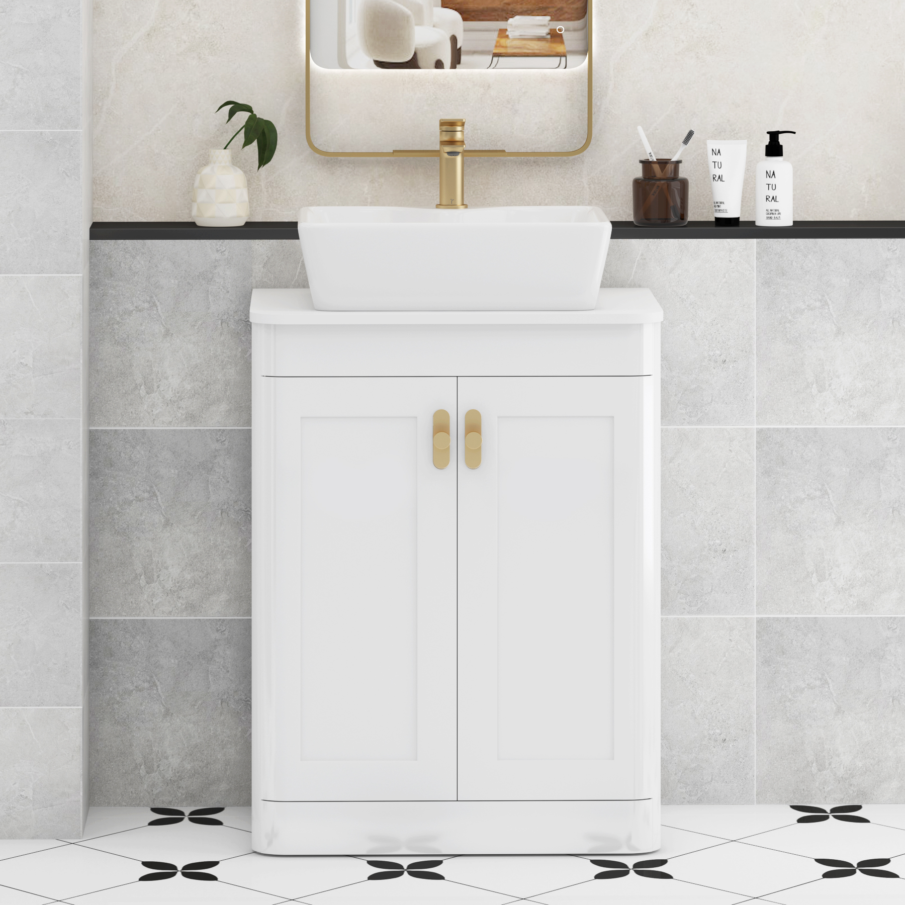 Henley Gloss White Floor Standing Vanity Unit 2 Door with Plain White Worktop & Various Basins & Knobs