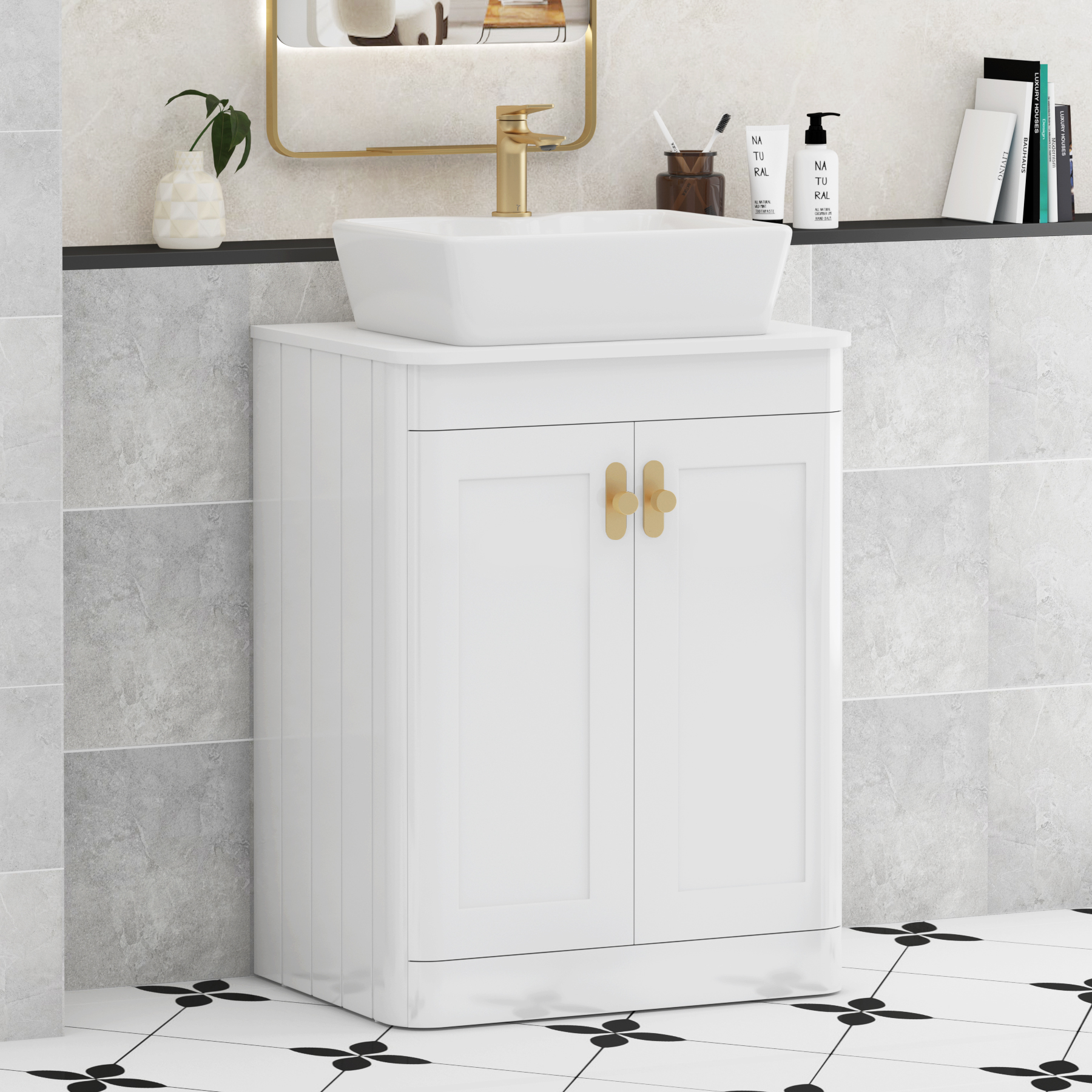 Henley Gloss White Floor Standing Vanity Unit 2 Door with Plain White Worktop & Various Basins & Knobs