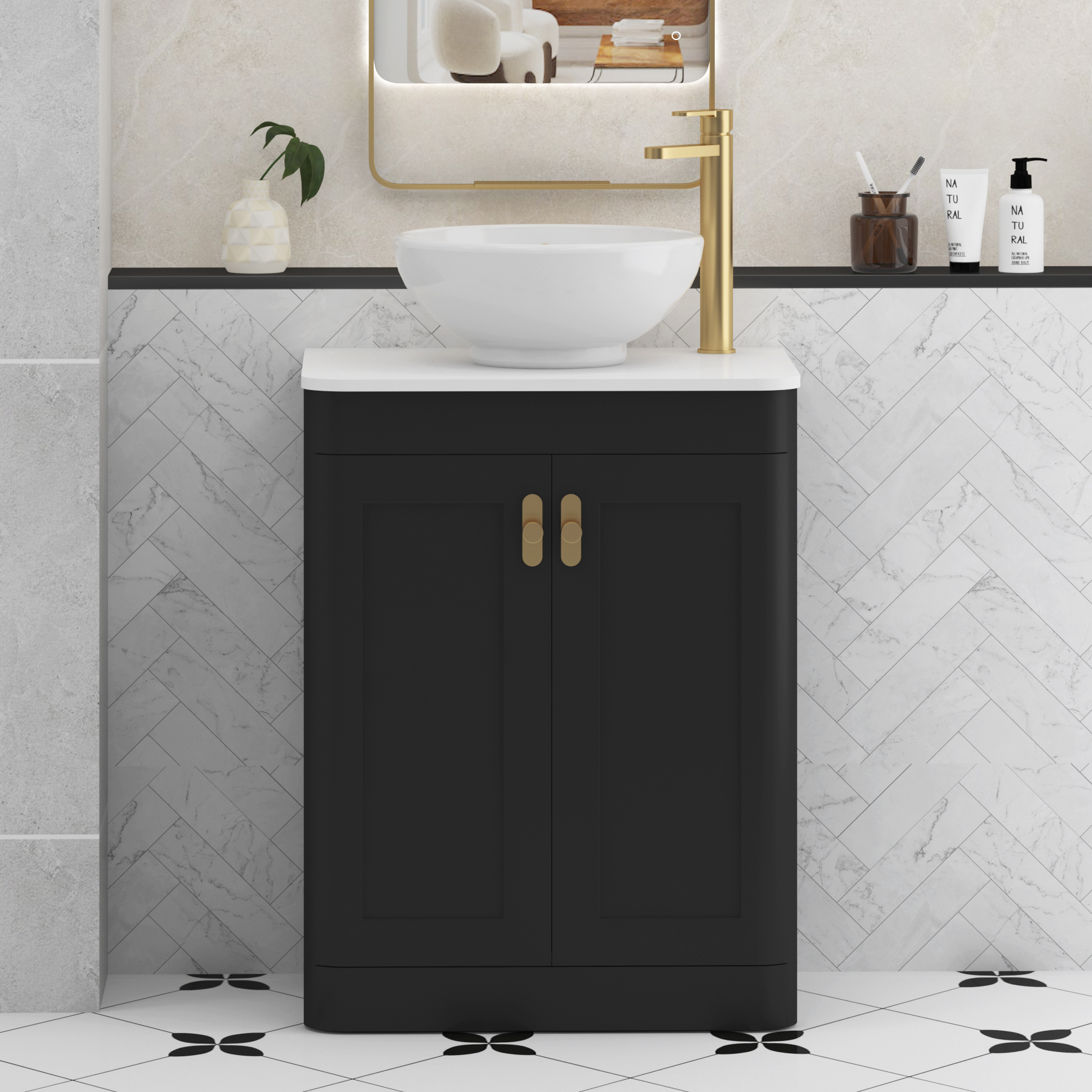 Henley Matt Nocturne Black Floor Standing Vanity Unit 2 Door with Plain White Worktop & Various Basins & Knobs