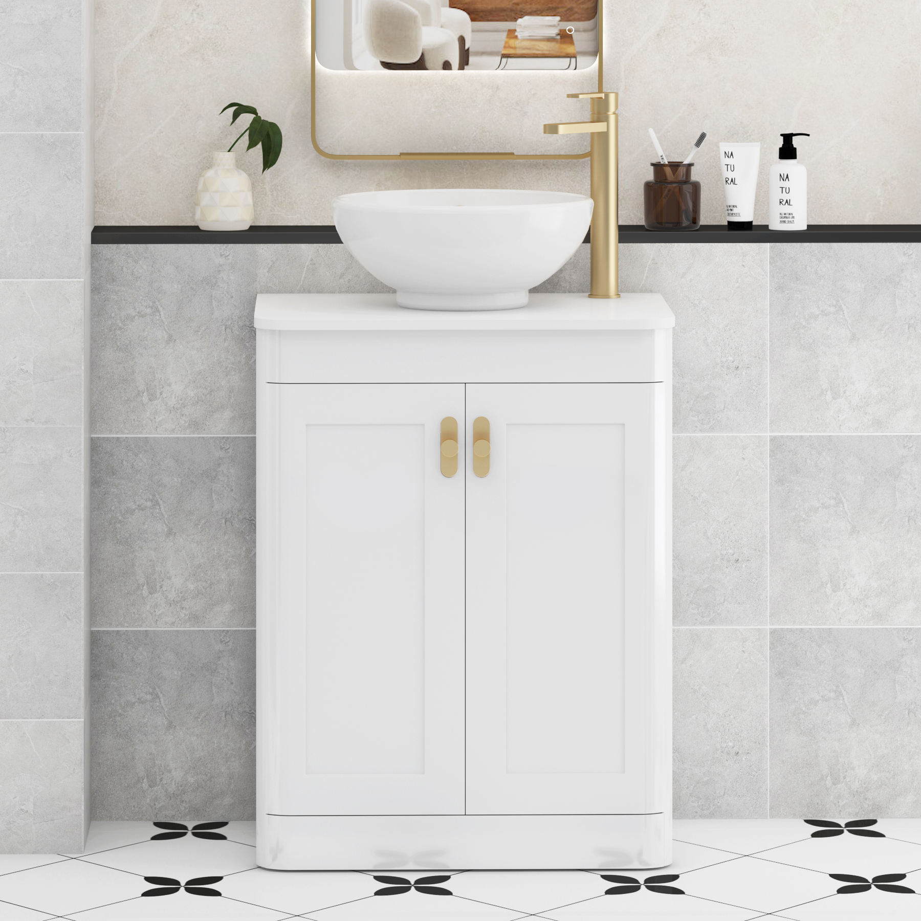 Henley Gloss White Floor Standing Vanity Unit 2 Door with Plain White Worktop & Various Basins & Knobs