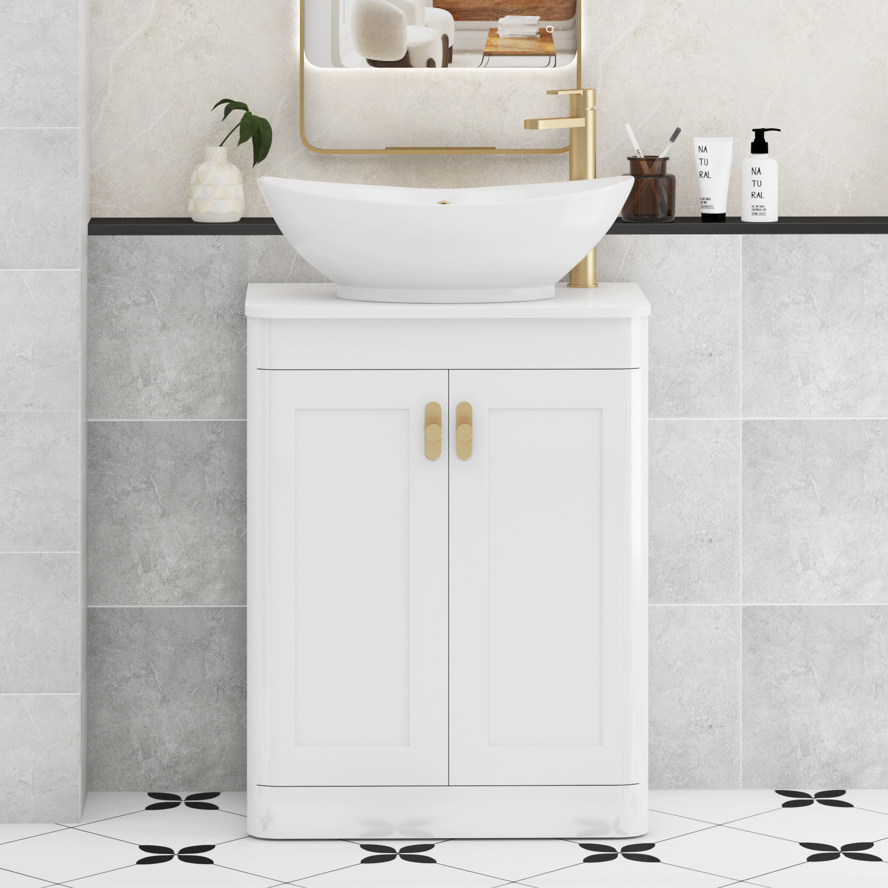 Henley Gloss White Floor Standing Vanity Unit 2 Door with Plain White Worktop & Various Basins & Knobs
