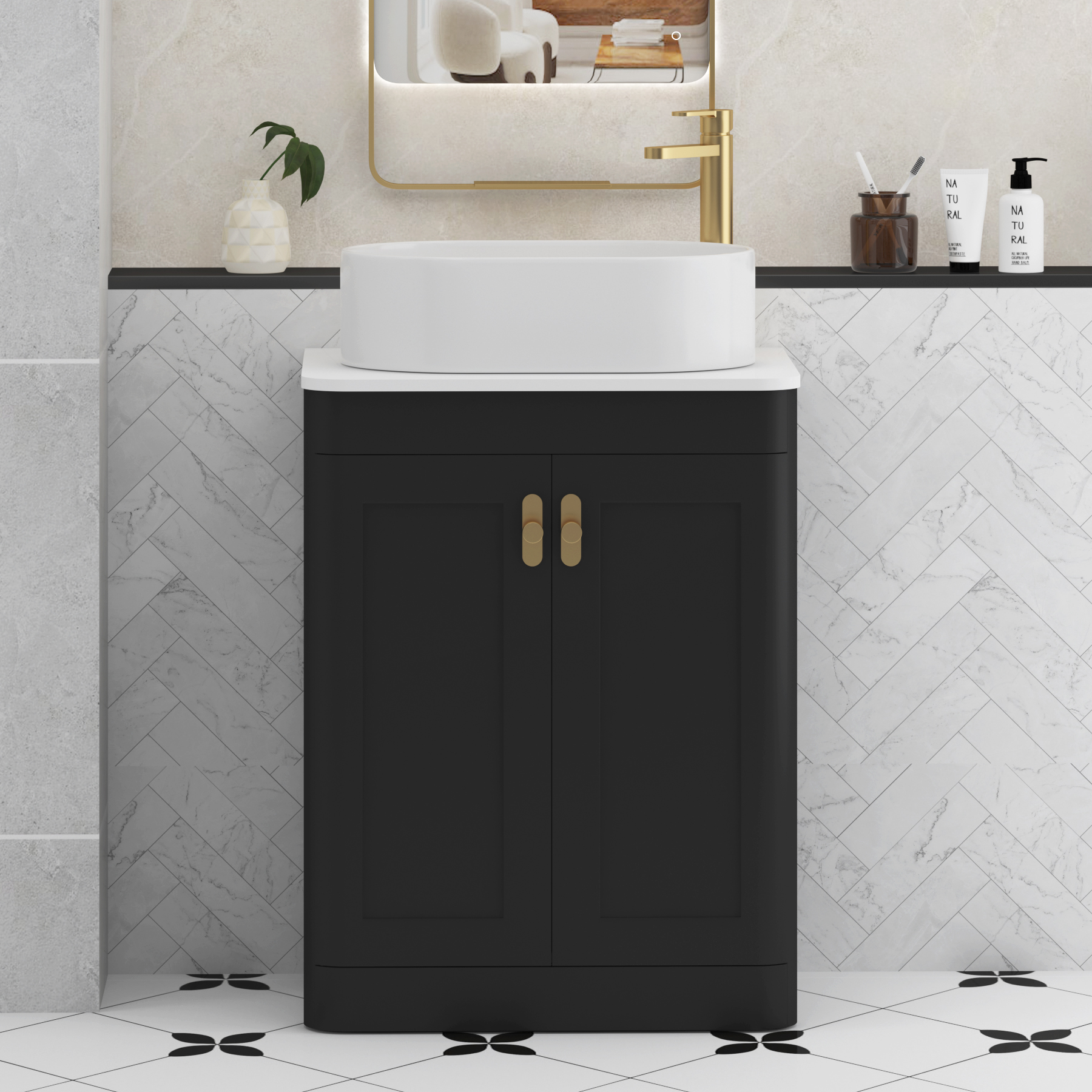 Henley Matt Nocturne Black Floor Standing Vanity Unit 2 Door with Plain White Worktop & Various Basins & Knobs