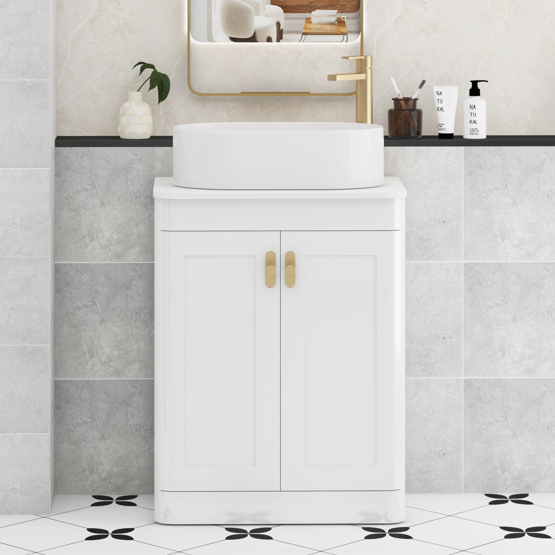 Henley Gloss White Floor Standing Vanity Unit 2 Door with Plain White Worktop & Various Basins & Knobs