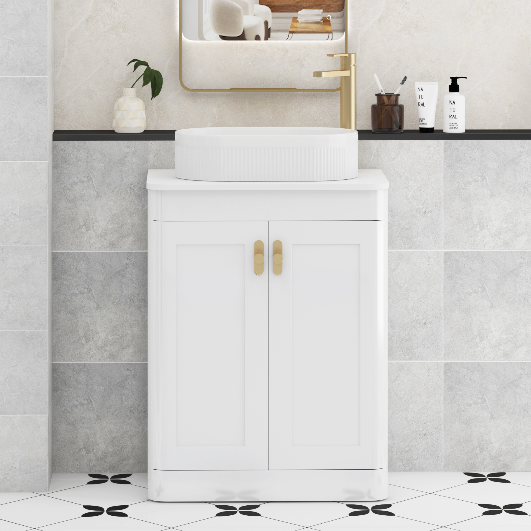 Henley Gloss White Floor Standing Vanity Unit 2 Door with Plain White Worktop & Various Basins & Knobs