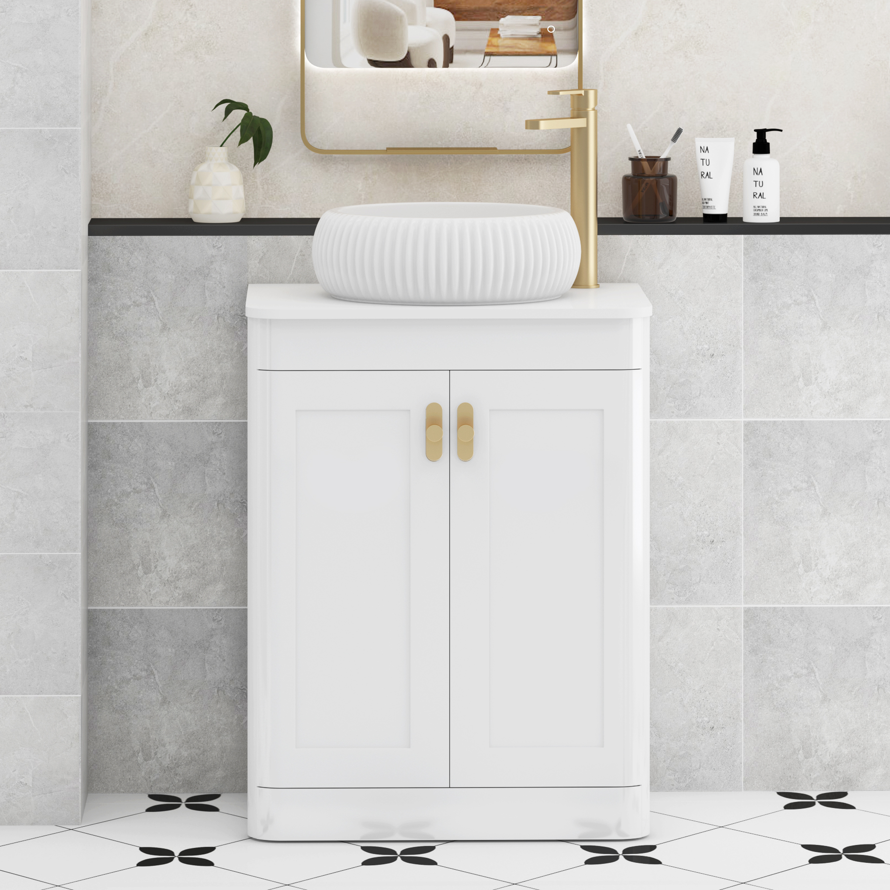 Henley Gloss White Floor Standing Vanity Unit 2 Door with Plain White Worktop & Various Basins & Knobs