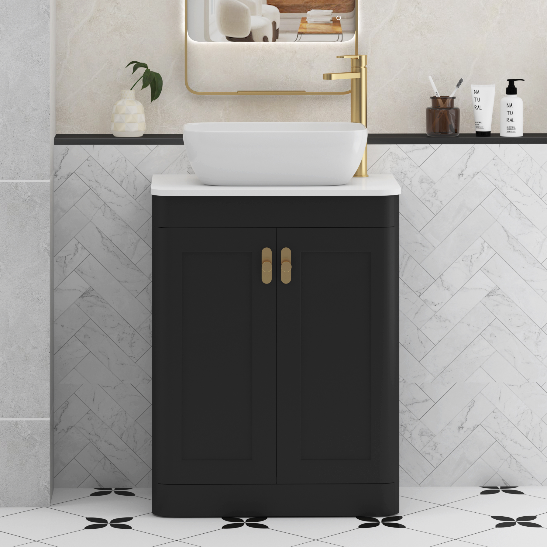 Henley Matt Nocturne Black Floor Standing Vanity Unit 2 Door with Plain White Worktop & Various Basins & Knobs