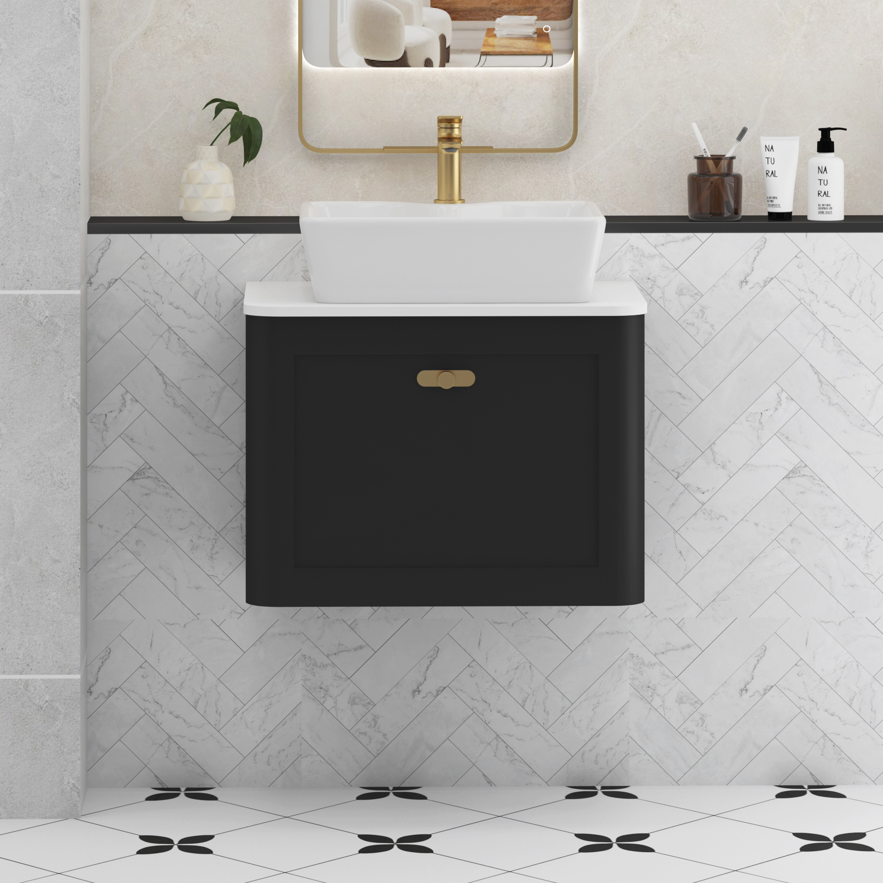 Henley Matt Nocturne Black Wall Hung Vanity Unit 1 Drawer with Plain White Worktop & Various Basins & Knobs