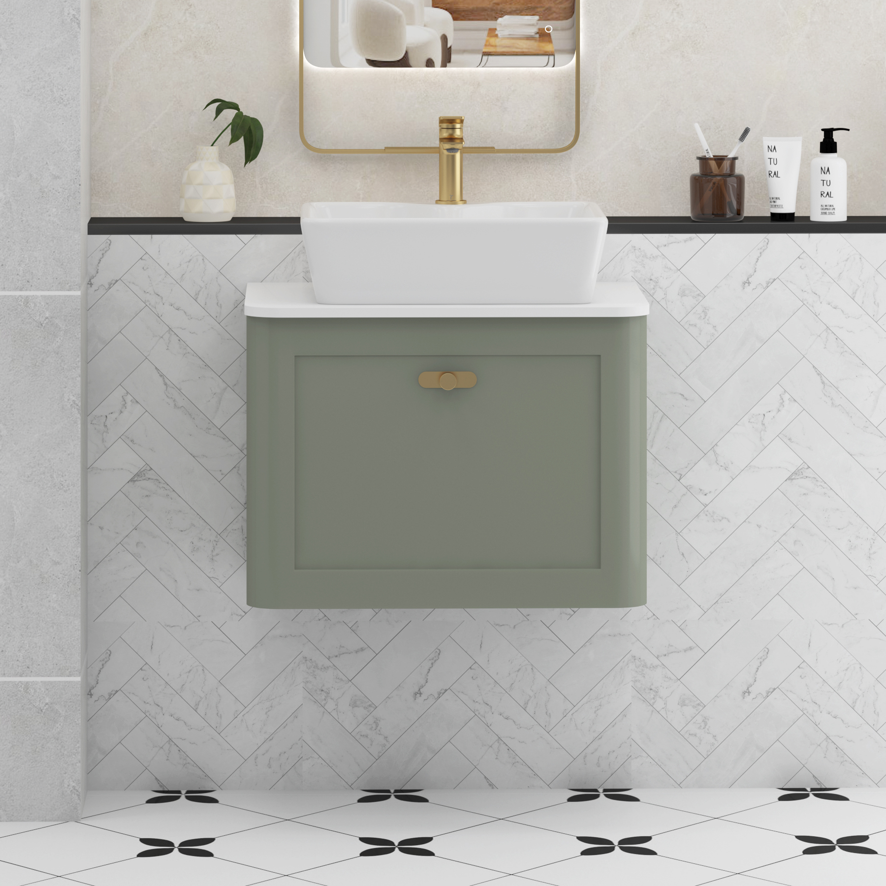 Henley Sage Green Wall Hung Vanity Unit 1 Drawer with Plain White Worktop & Various Basins & Knobs