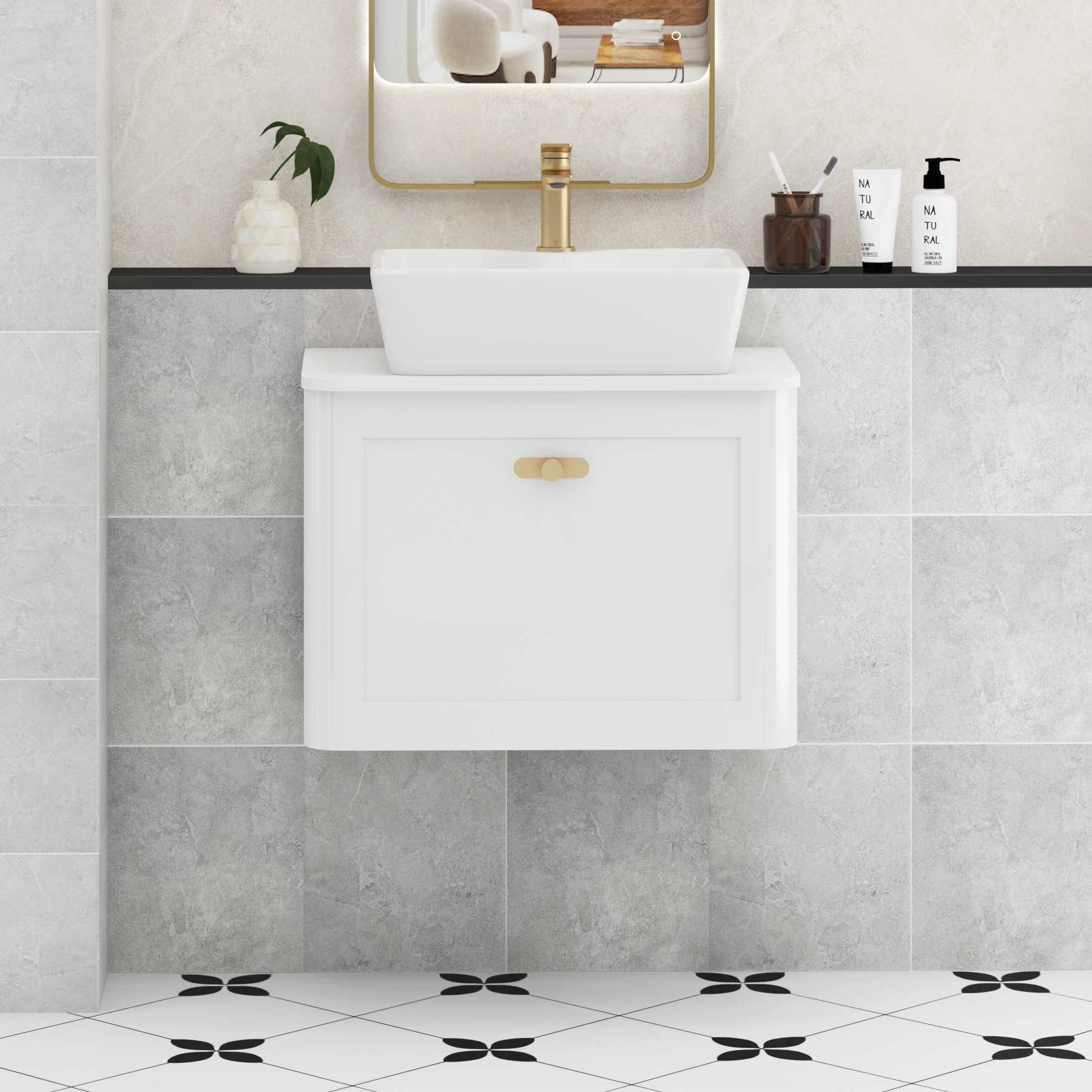 Henley Gloss White Wall Hung Vanity Unit 1 Drawer with Plain White Worktop & Various Basins & Knobs