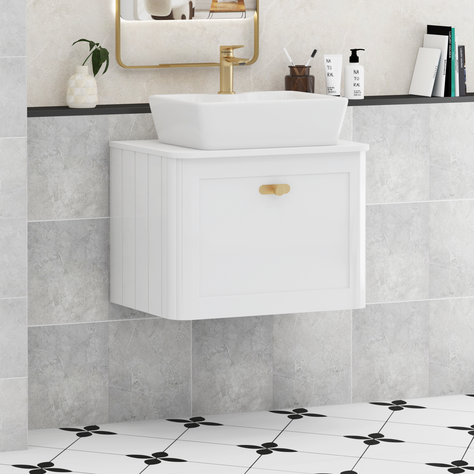 Henley Gloss White Wall Hung Vanity Unit 1 Drawer with Plain White Worktop & Various Basins & Knobs
