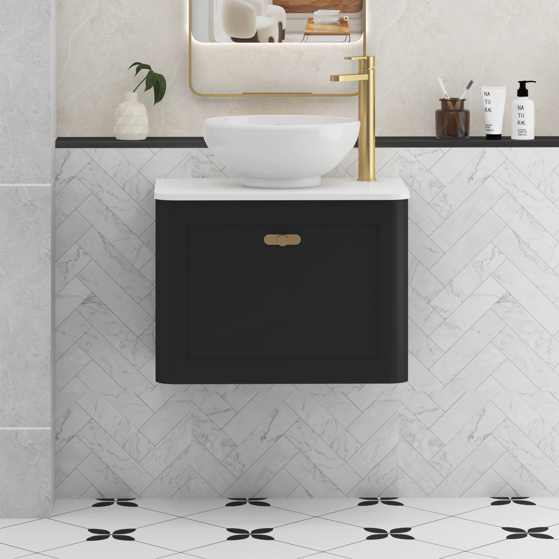 Henley Matt Nocturne Black Wall Hung Vanity Unit 1 Drawer with Plain White Worktop & Various Basins & Knobs