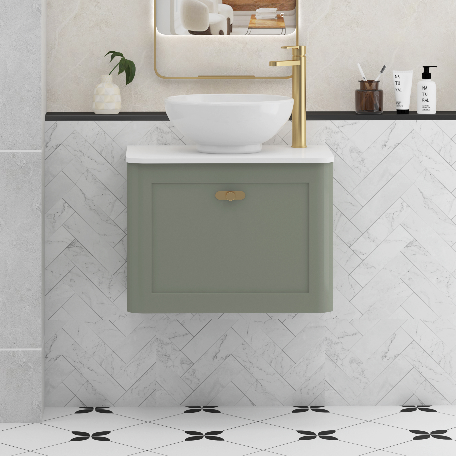 Henley Sage Green Wall Hung Vanity Unit 1 Drawer with Plain White Worktop & Various Basins & Knobs
