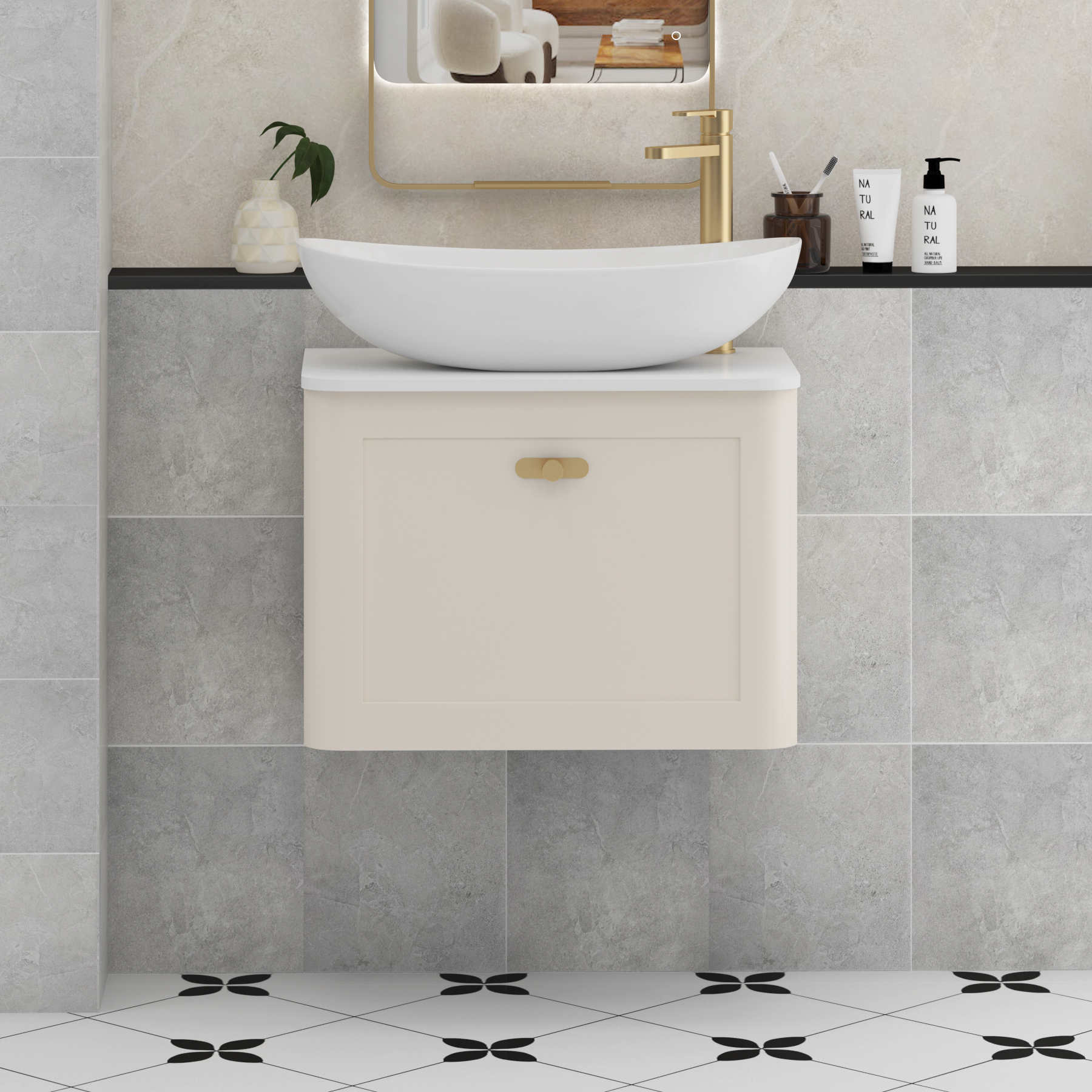 Henley Mushroom Cashmere Wall Hung Vanity Unit 1 Drawer with Plain White Worktop & Various Basins & Knobs