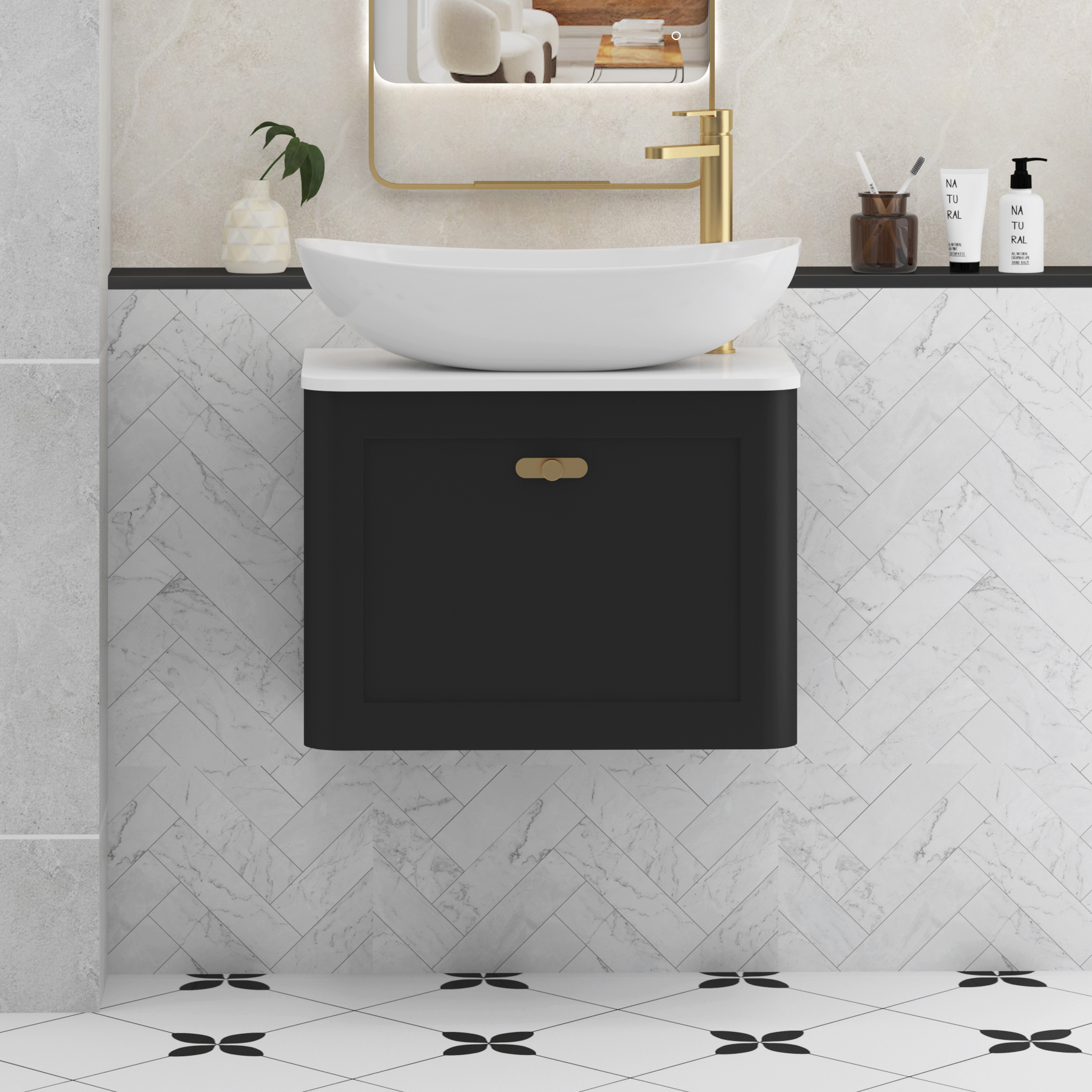 Henley Matt Nocturne Black Wall Hung Vanity Unit 1 Drawer with Plain White Worktop & Various Basins & Knobs