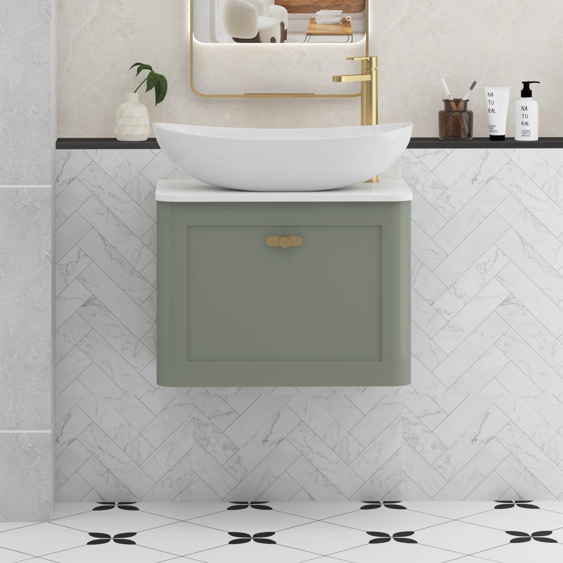 Henley Sage Green Wall Hung Vanity Unit 1 Drawer with Plain White Worktop & Various Basins & Knobs