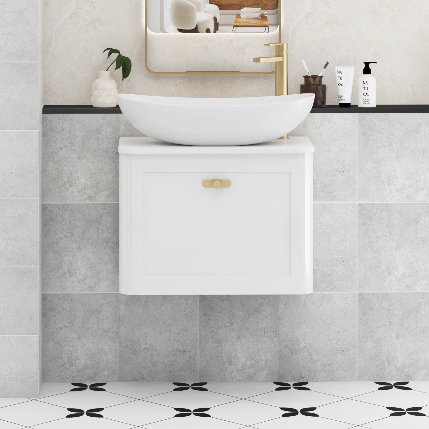 Henley Gloss White Wall Hung Vanity Unit 1 Drawer with Plain White Worktop & Various Basins & Knobs