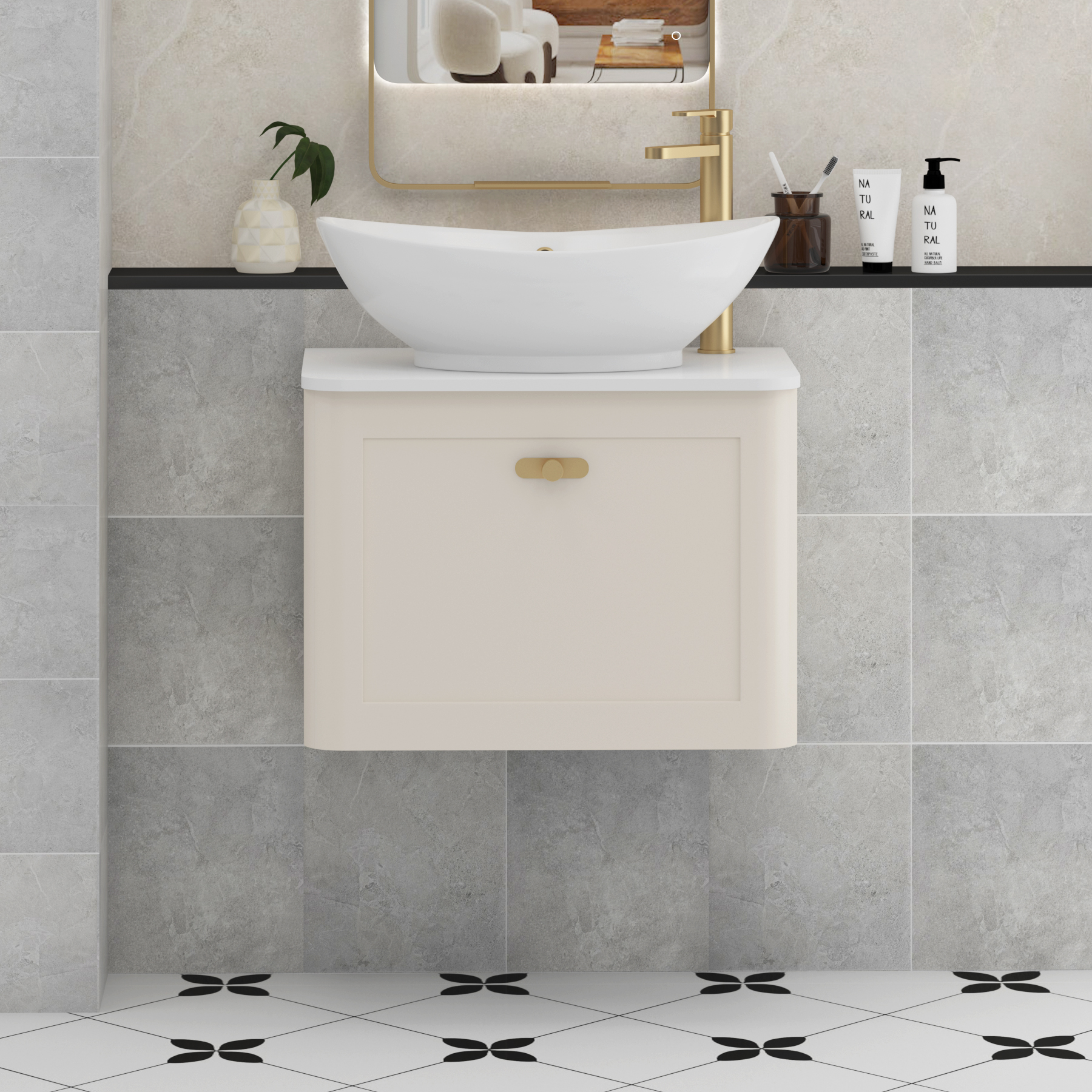 Henley Mushroom Cashmere Wall Hung Vanity Unit 1 Drawer with Plain White Worktop & Various Basins & Knobs