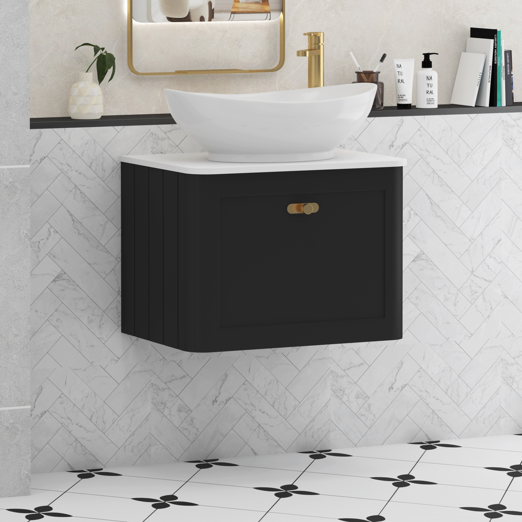 Henley Matt Nocturne Black Wall Hung Vanity Unit 1 Drawer with Plain White Worktop & Various Basins & Knobs