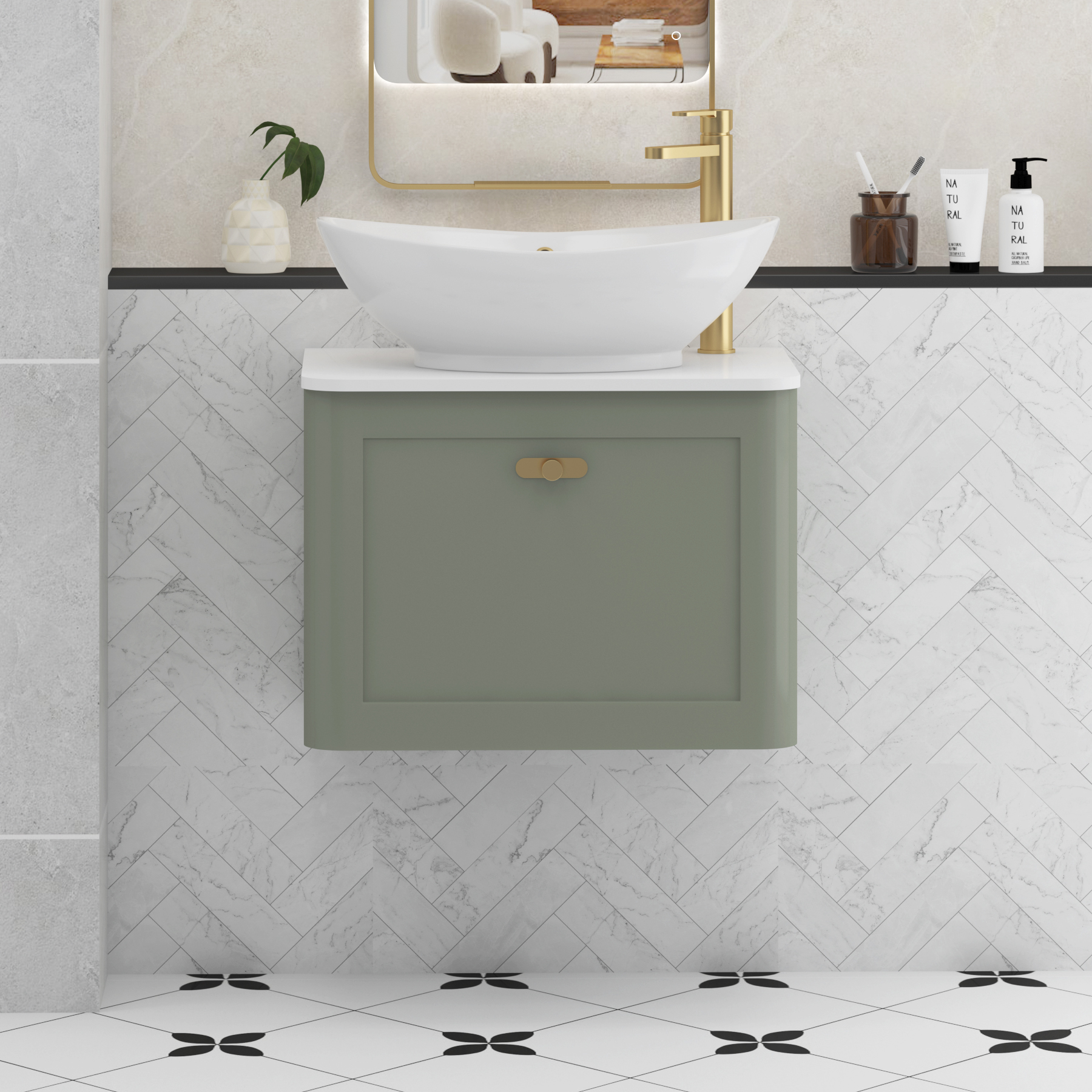 Henley Sage Green Wall Hung Vanity Unit 1 Drawer with Plain White Worktop & Various Basins & Knobs