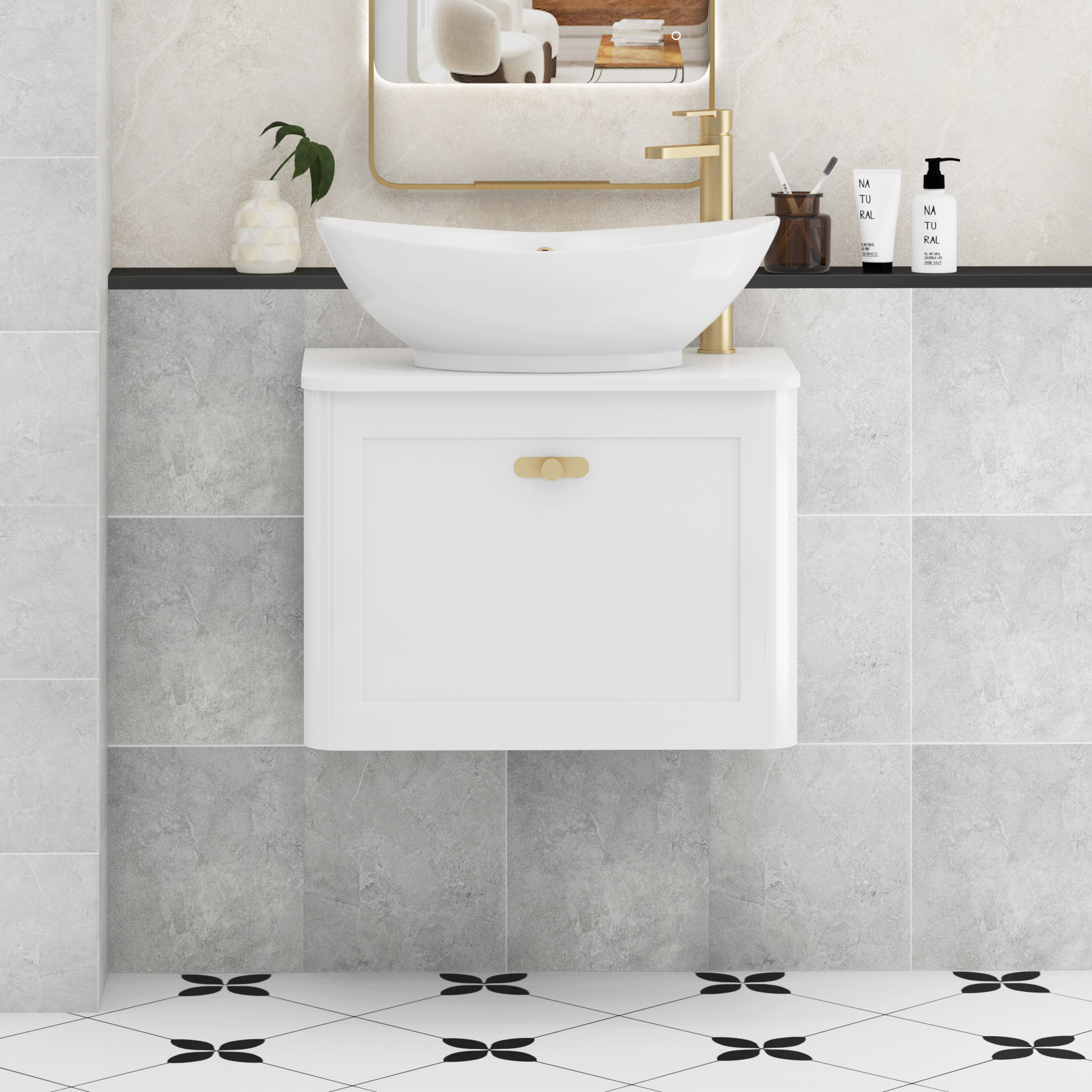 Henley Gloss White Wall Hung Vanity Unit 1 Drawer with Plain White Worktop & Various Basins & Knobs