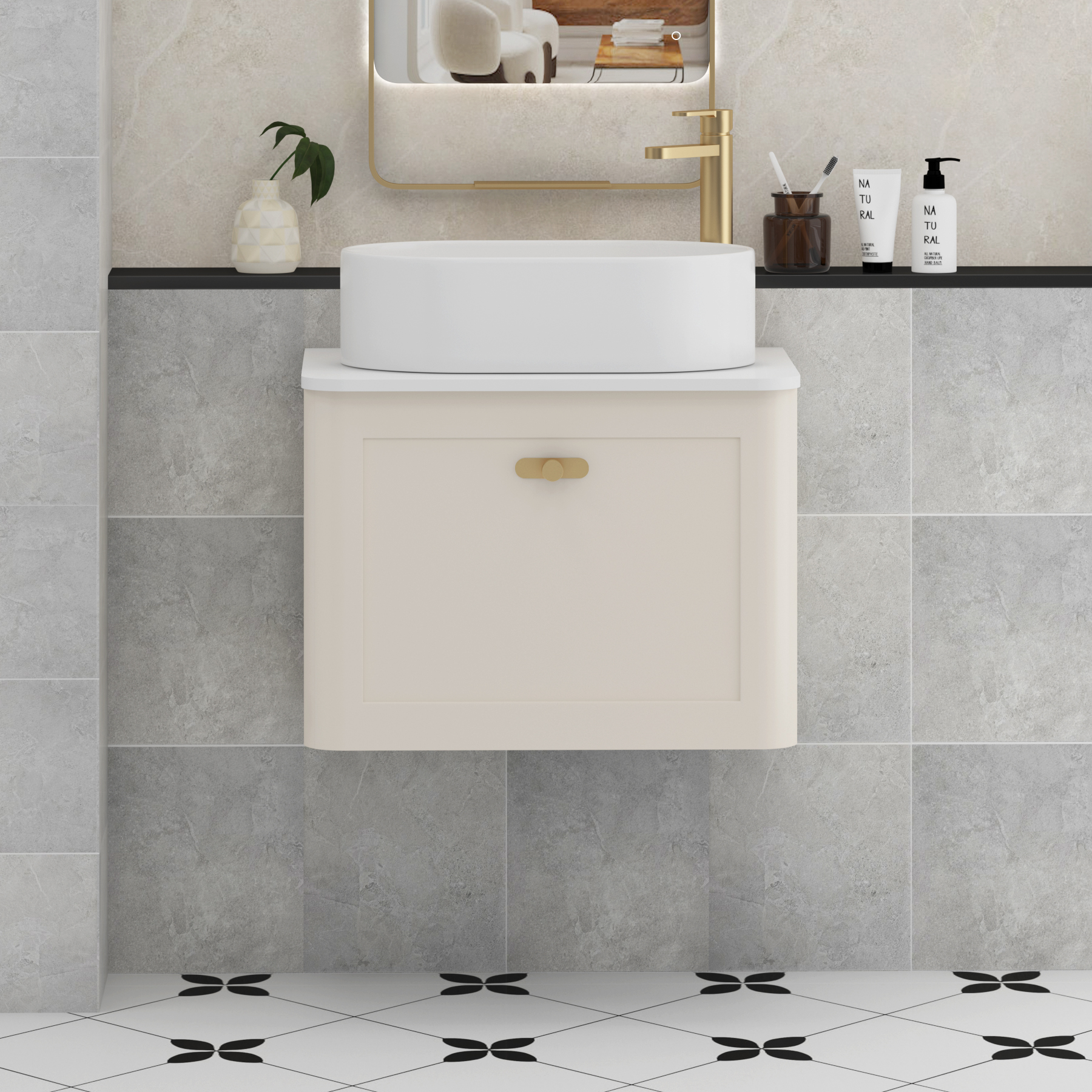 Henley Mushroom Cashmere Wall Hung Vanity Unit 1 Drawer with Plain White Worktop & Various Basins & Knobs