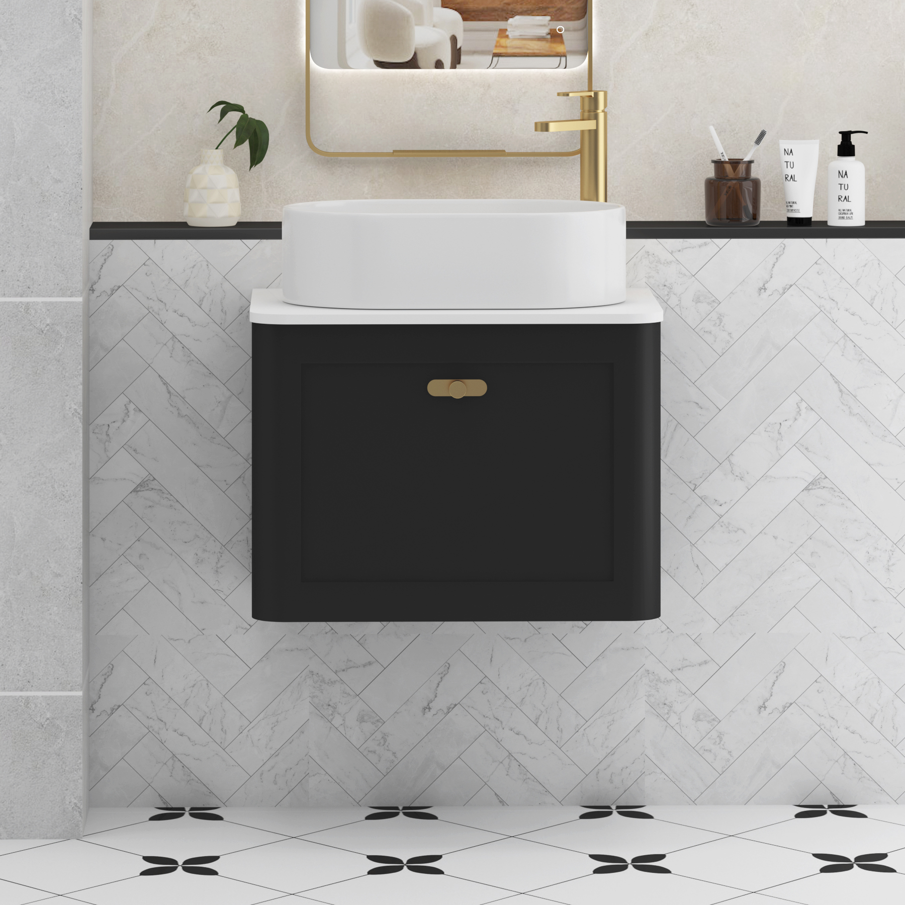 Henley Matt Nocturne Black Wall Hung Vanity Unit 1 Drawer with Plain White Worktop & Various Basins & Knobs