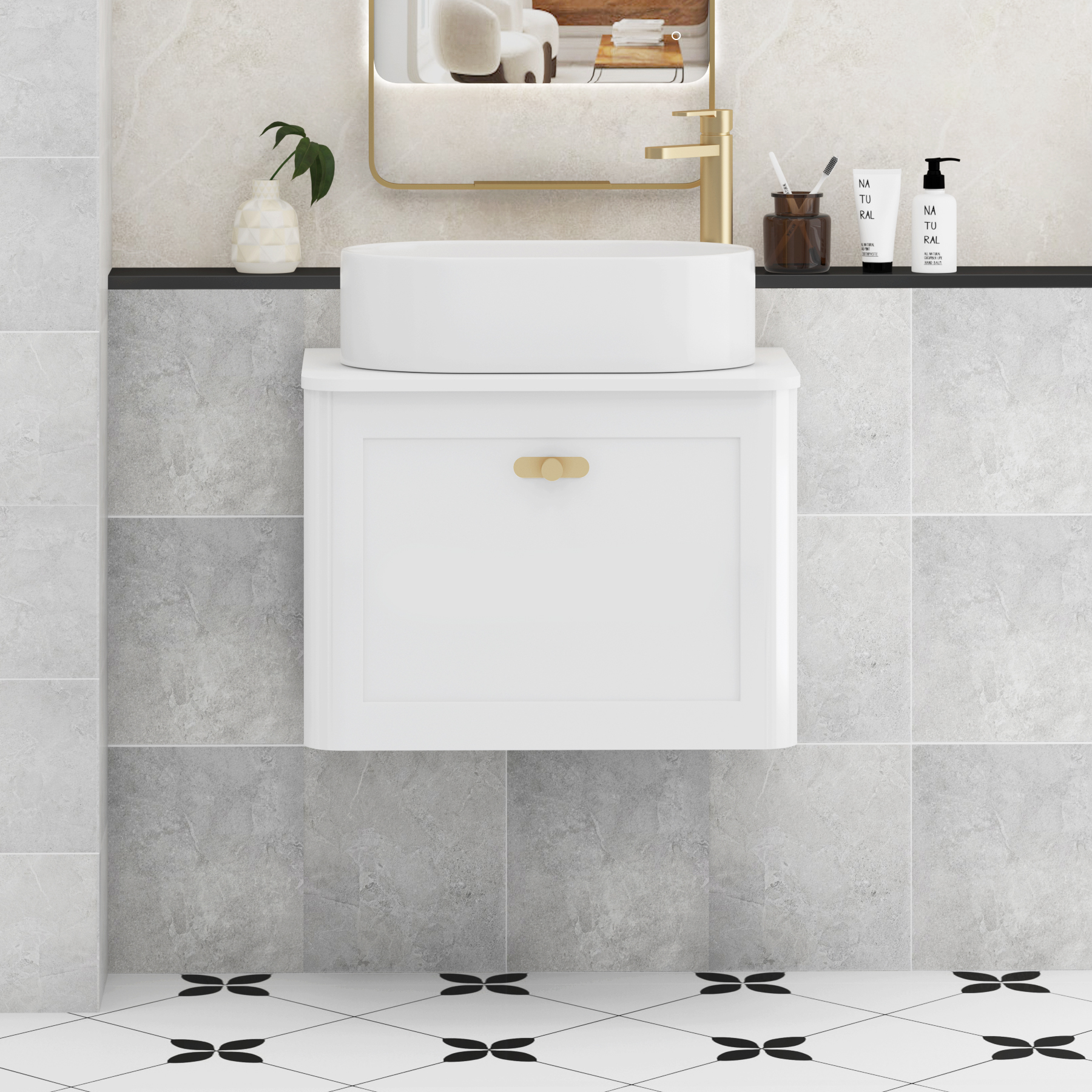 Henley Gloss White Wall Hung Vanity Unit 1 Drawer with Plain White Worktop & Various Basins & Knobs