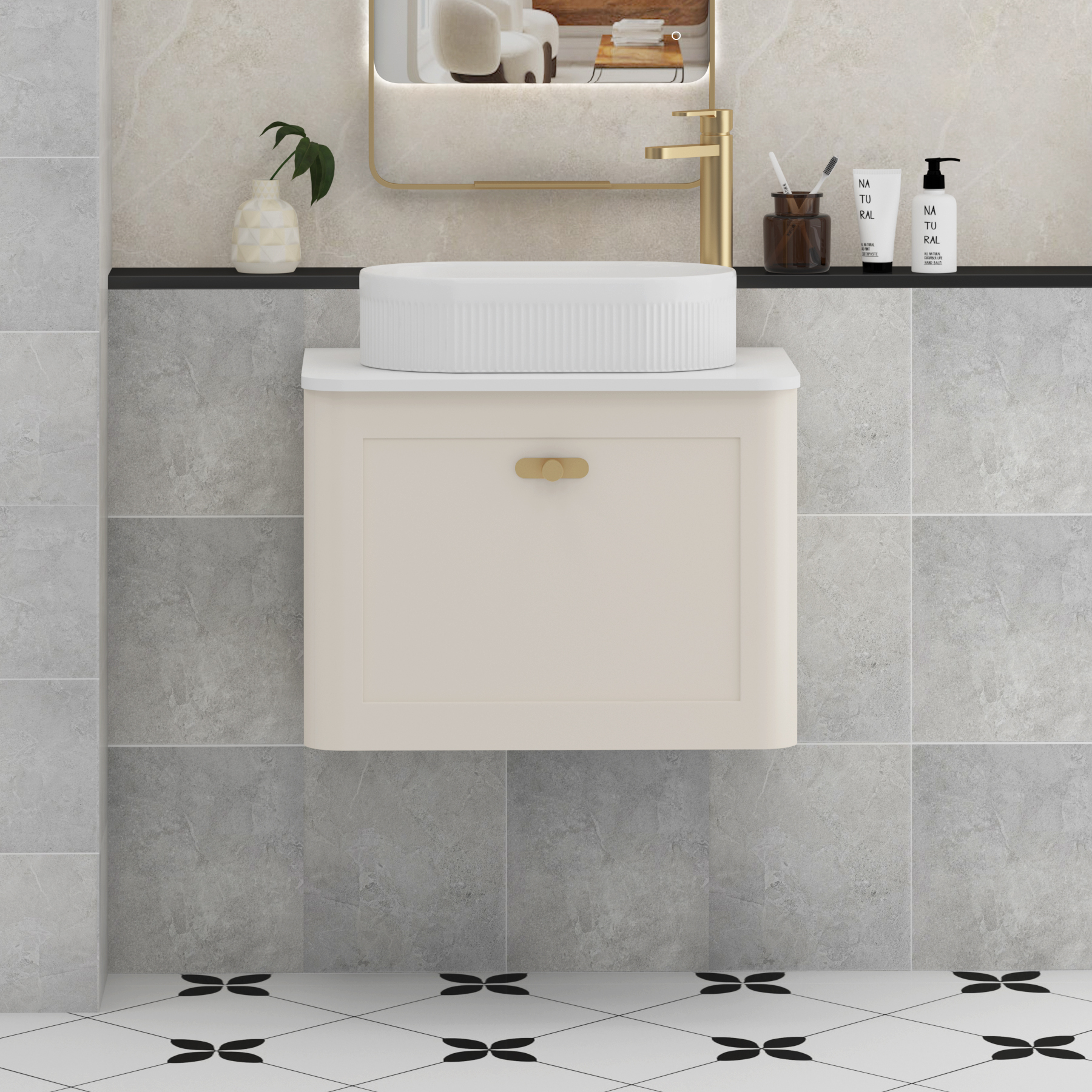 Henley Mushroom Cashmere Wall Hung Vanity Unit 1 Drawer with Plain White Worktop & Various Basins & Knobs