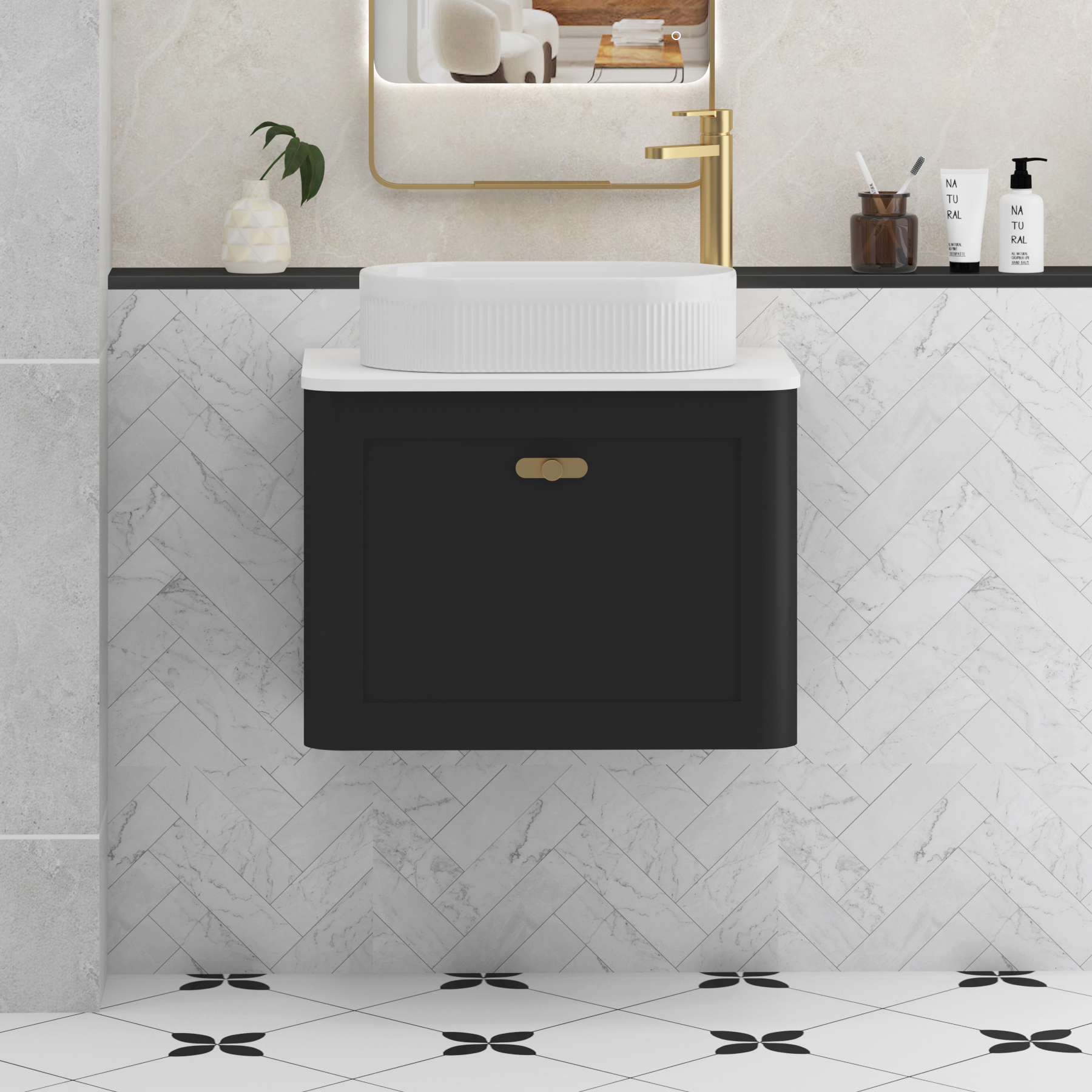 Henley Matt Nocturne Black Wall Hung Vanity Unit 1 Drawer with Plain White Worktop & Various Basins & Knobs