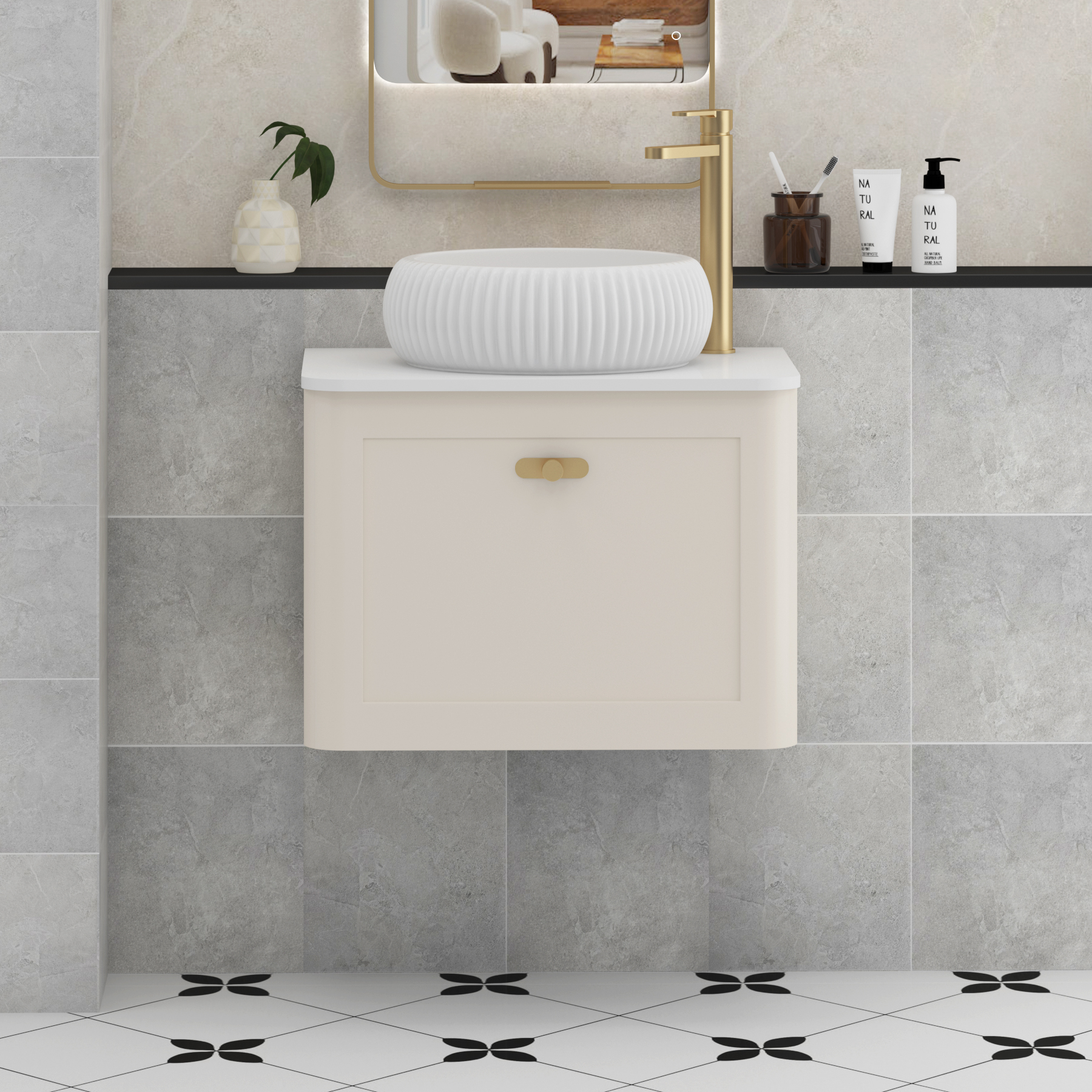 Henley Mushroom Cashmere Wall Hung Vanity Unit 1 Drawer with Plain White Worktop & Various Basins & Knobs