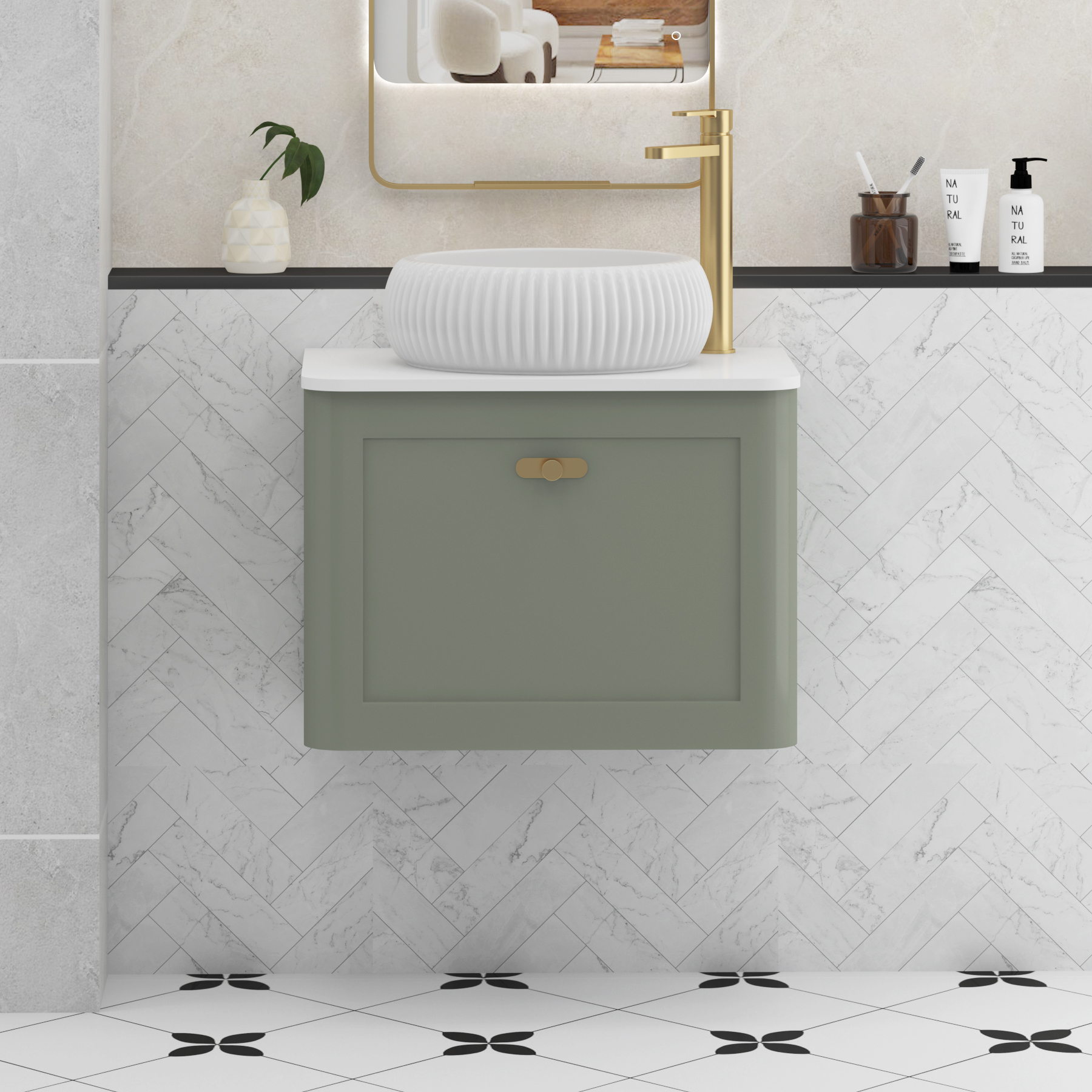 Henley Sage Green Wall Hung Vanity Unit 1 Drawer with Plain White Worktop & Various Basins & Knobs