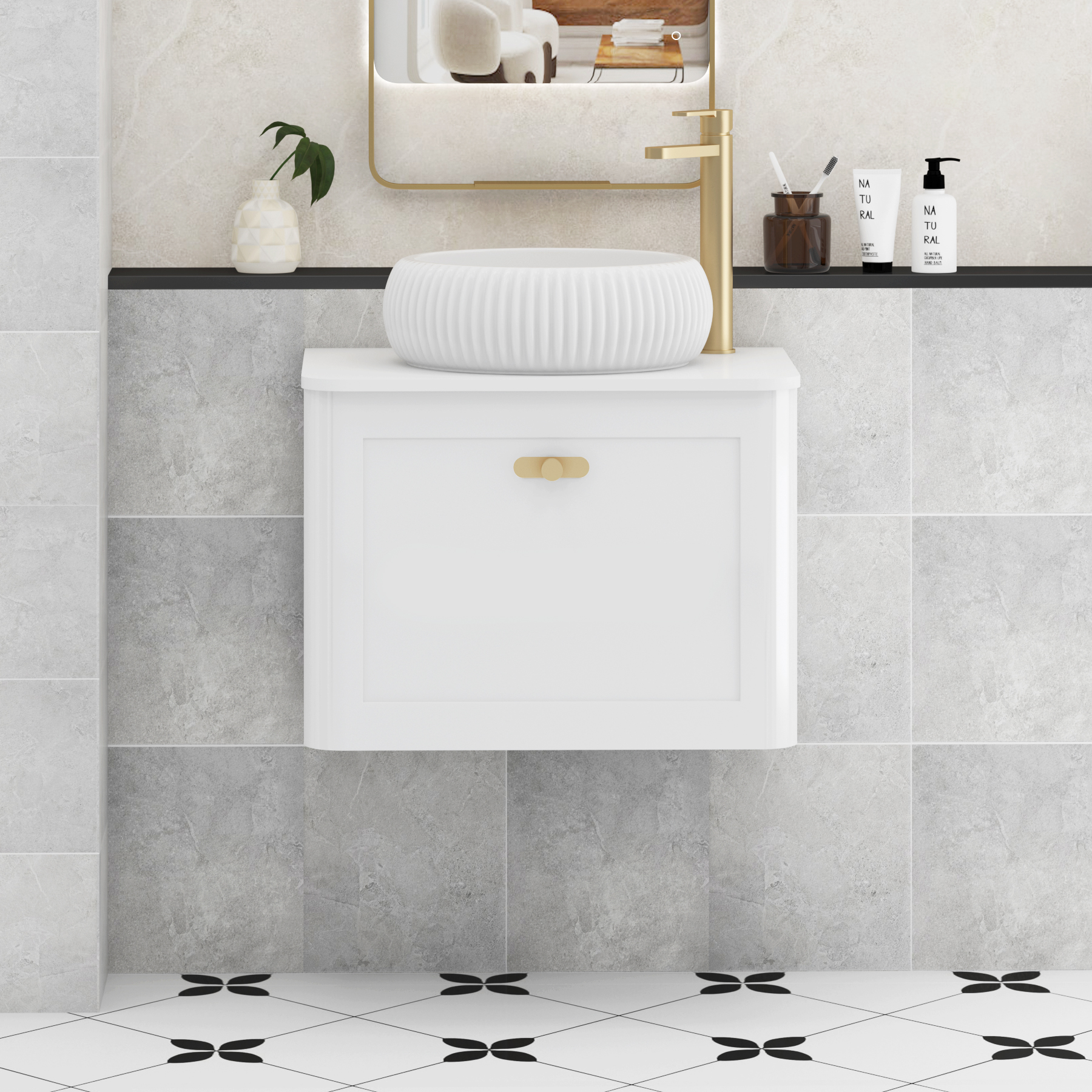 Henley Gloss White Wall Hung Vanity Unit 1 Drawer with Plain White Worktop & Various Basins & Knobs